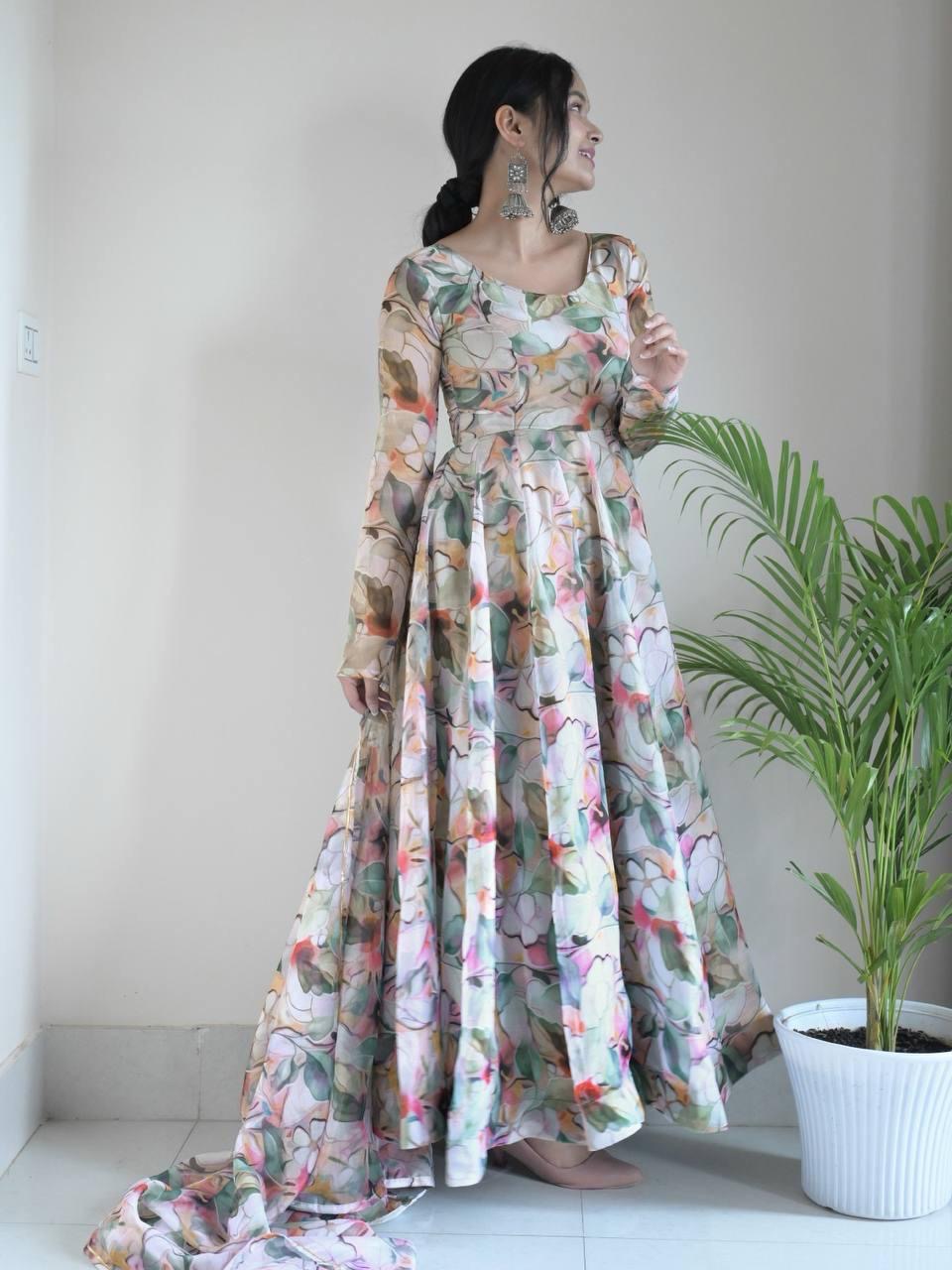 Gown Febrics Organza Taby Silk Heavy Quality Fabric With Digital Print And Full Sleeve