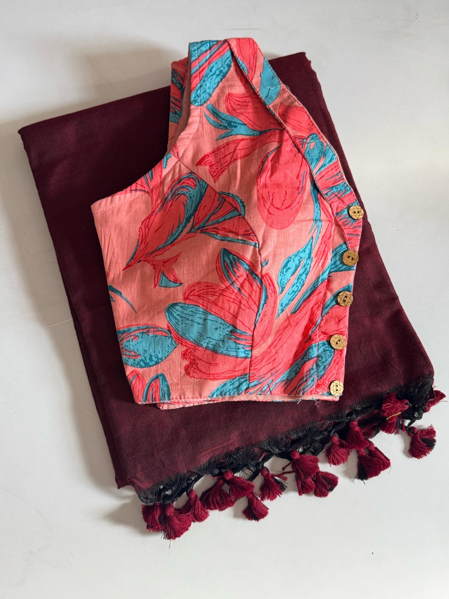 Khadi Cotton Saree With Kalamkari Fusion Blouse