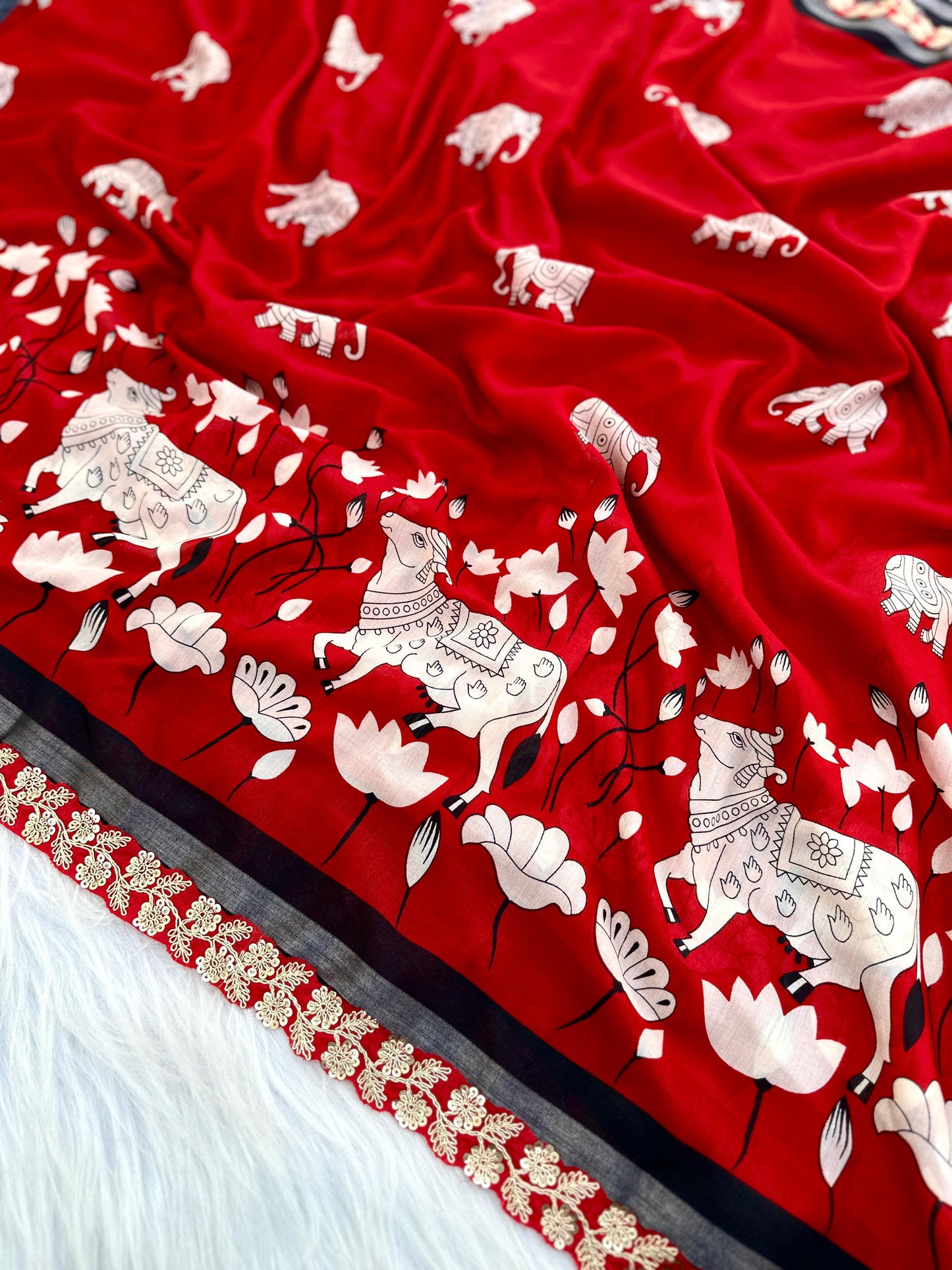 Mul mul cotton Pichwai saree with stitched blouse