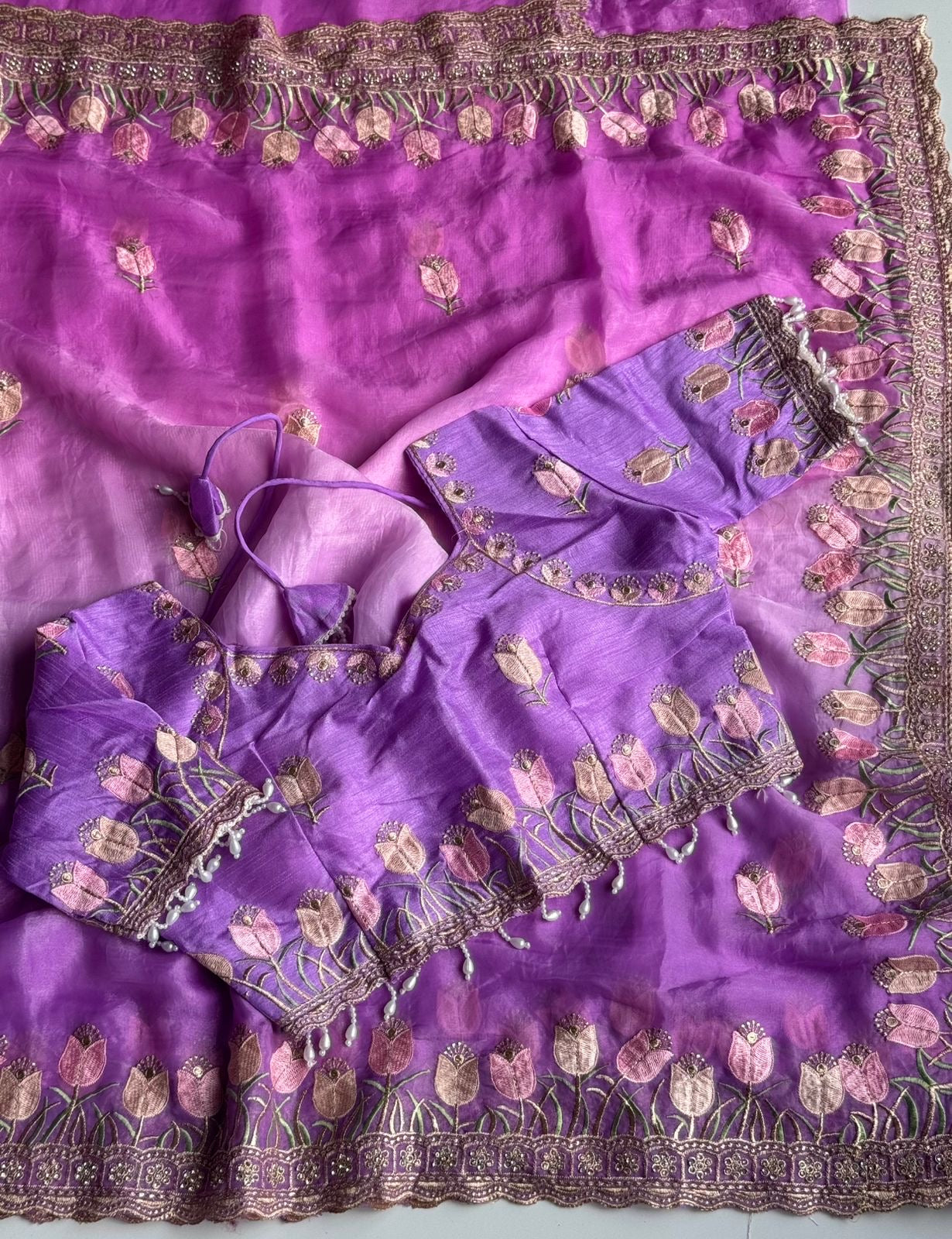 Duel shade classy Embroidery work saree with stitched Blouse