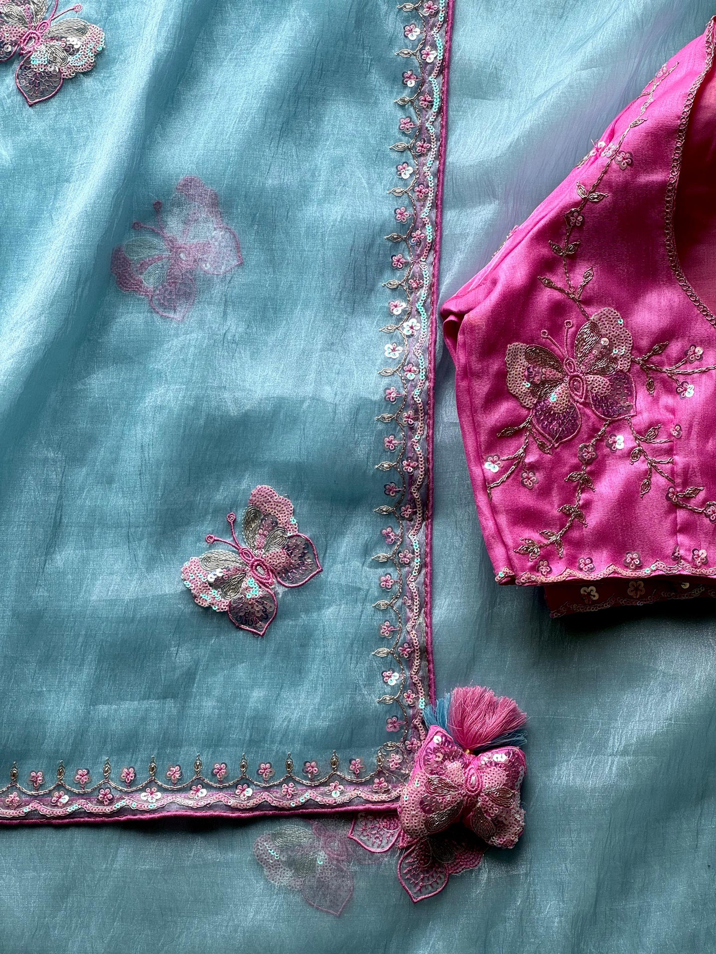 Luxe organza coding saree with stitched blouse