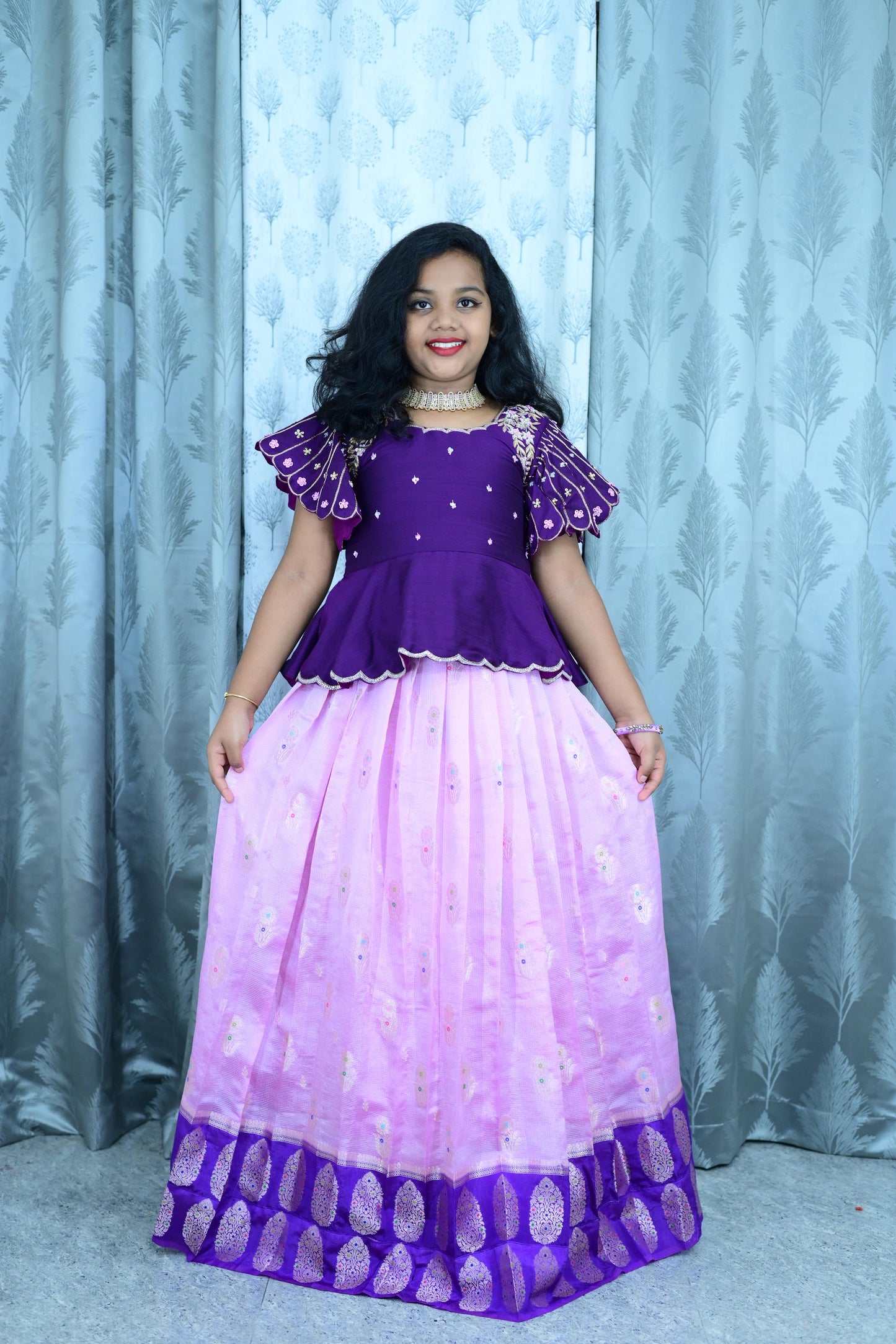Kids Pure Maggam lavender lehenga