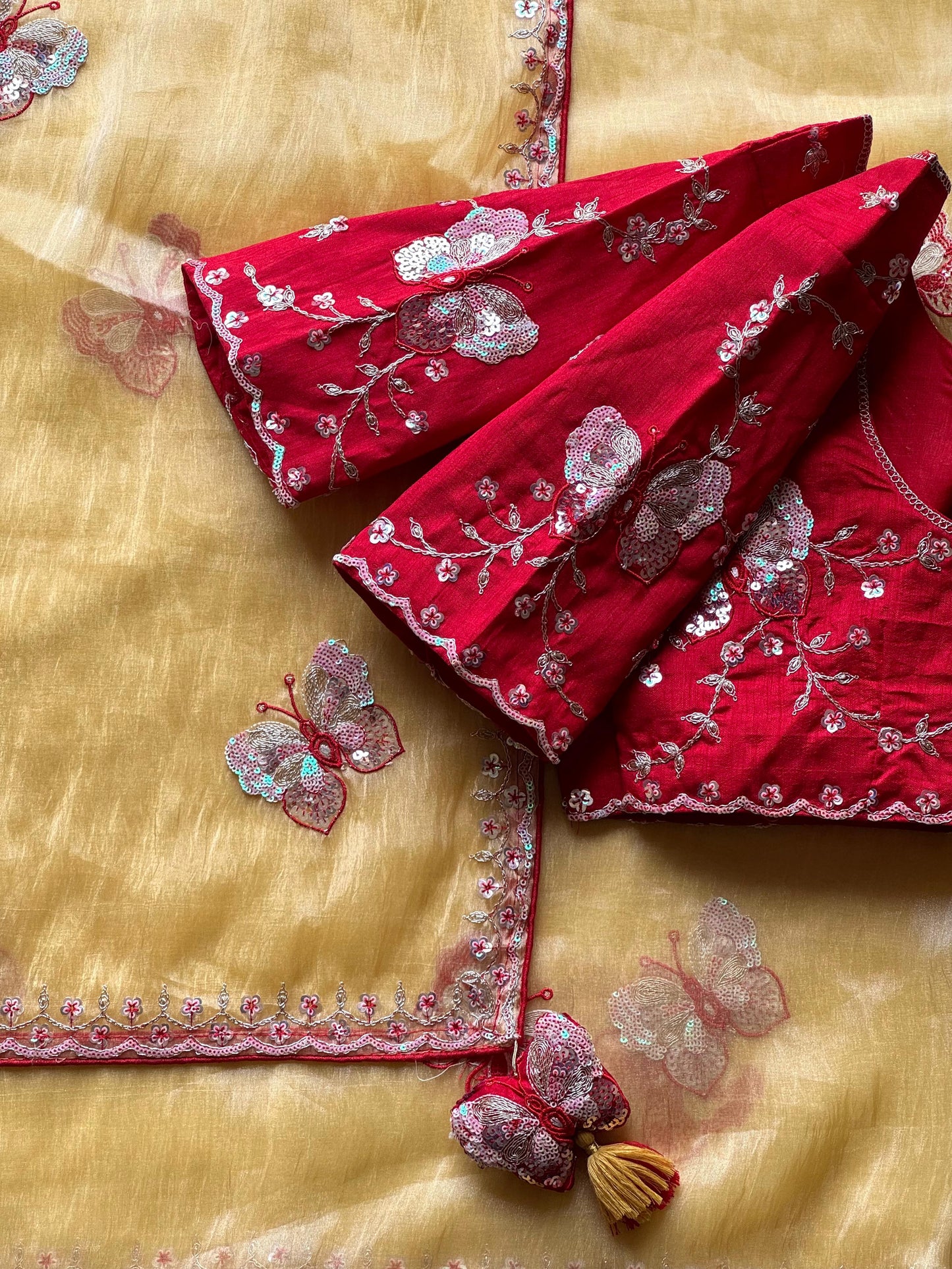 Luxe organza coding saree with stitched blouse