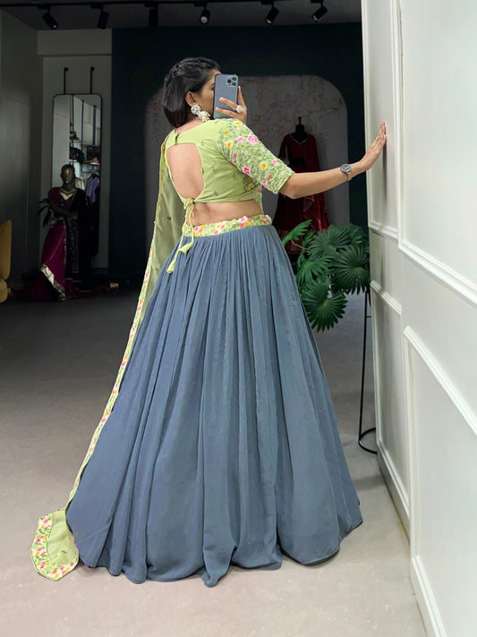 Soft Glamour in Gray and Pista Unstitched Lehengas