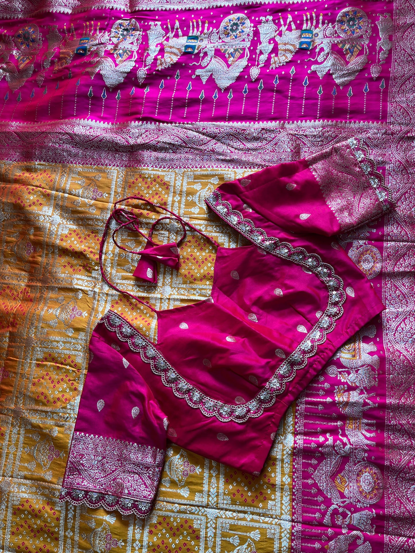Banarasi Pattu saree with bandhani stitched blouse