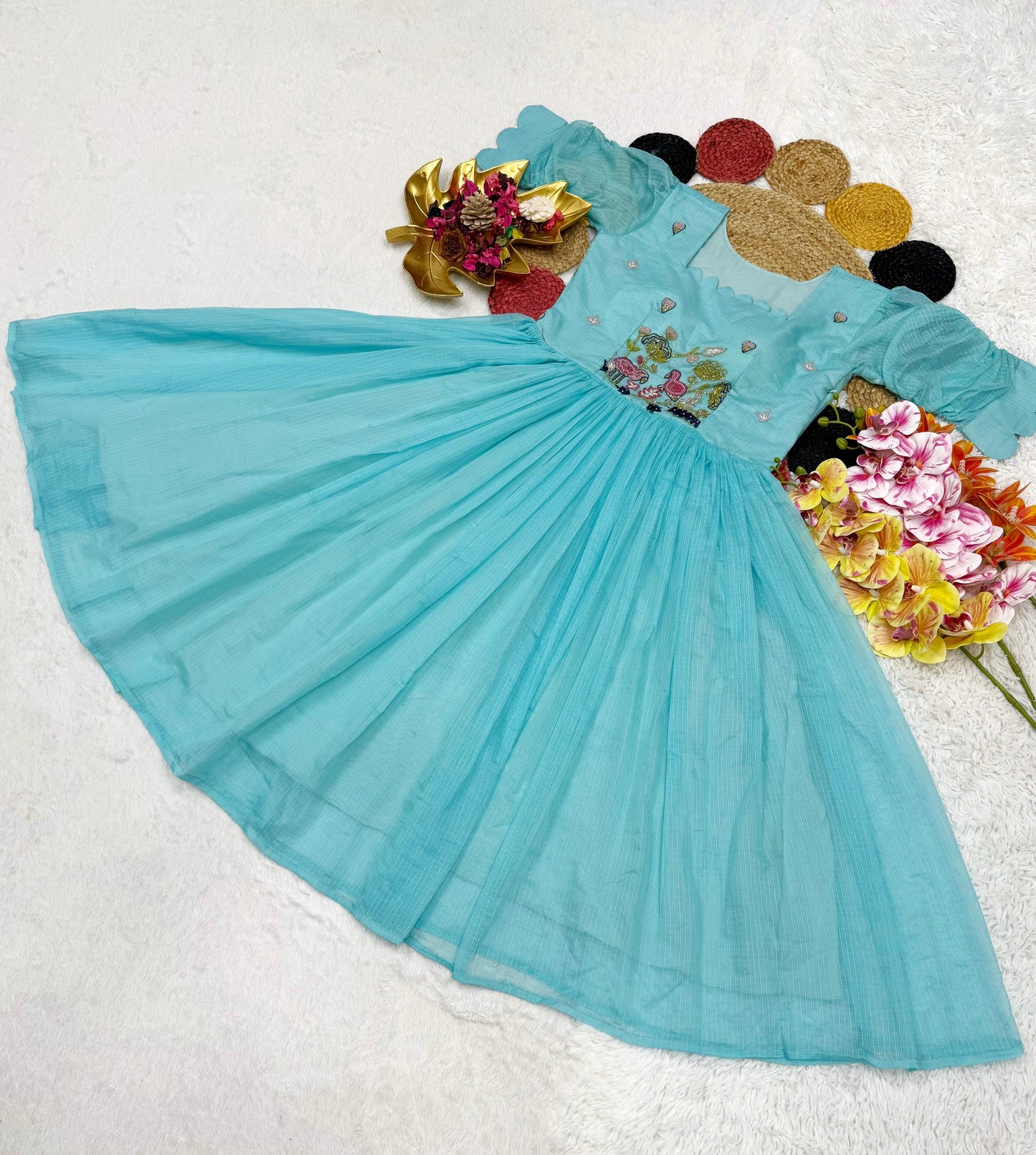 Kora Checks Cotton Maggam work gowns