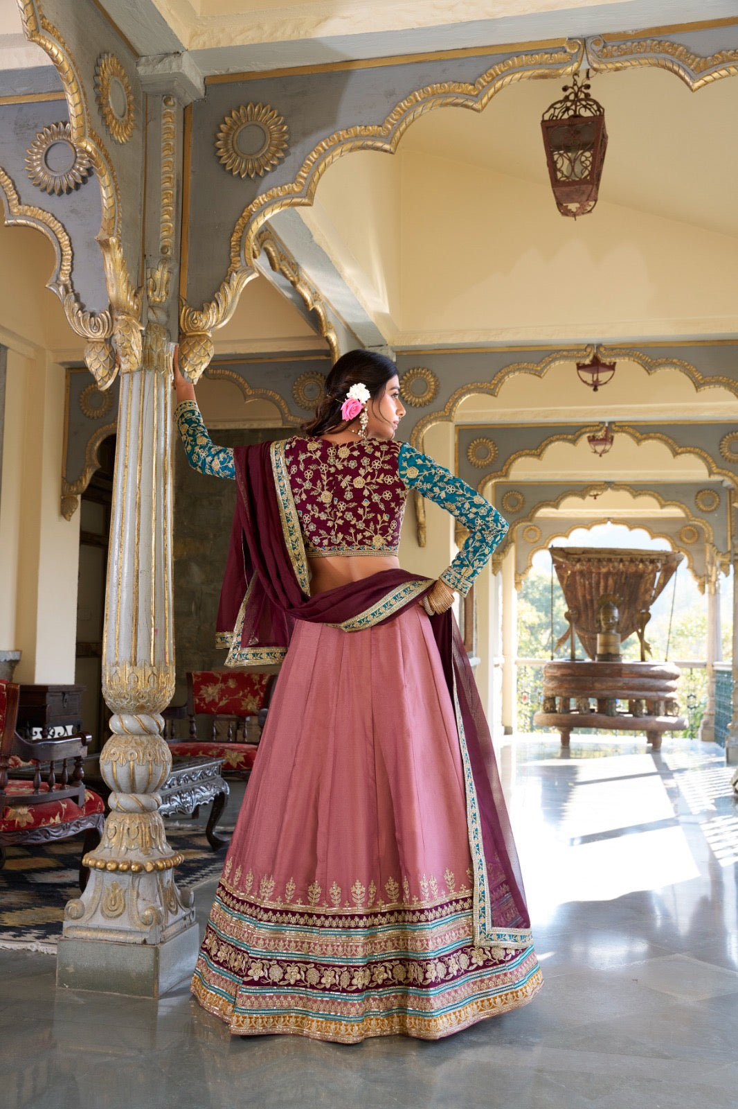 Moonga silk sequiens thread work Lehenga