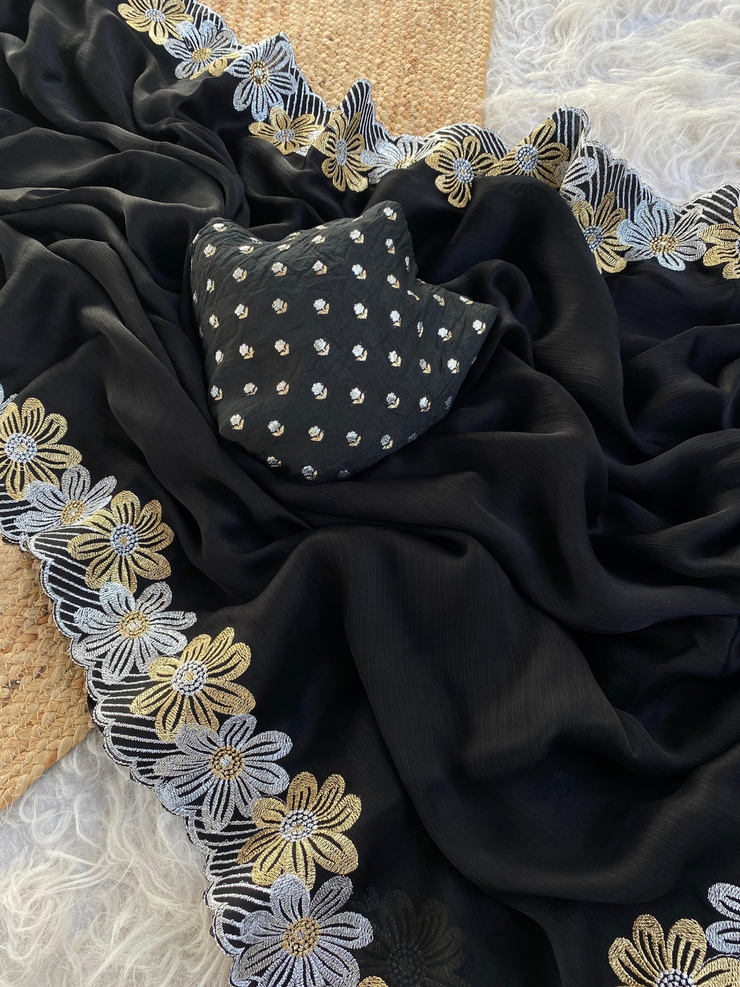 Soft black Banarasi embroidery flower sarees budget