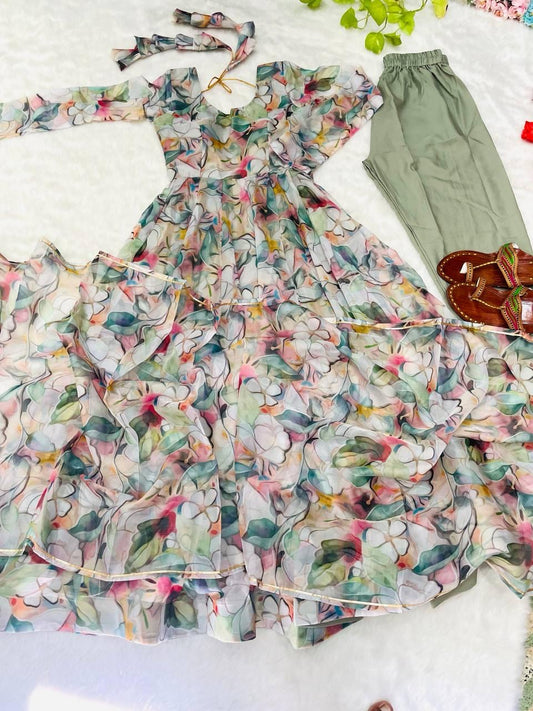 Gown Febrics Organza Taby Silk Heavy Quality Fabric With Digital Print And Full Sleeve