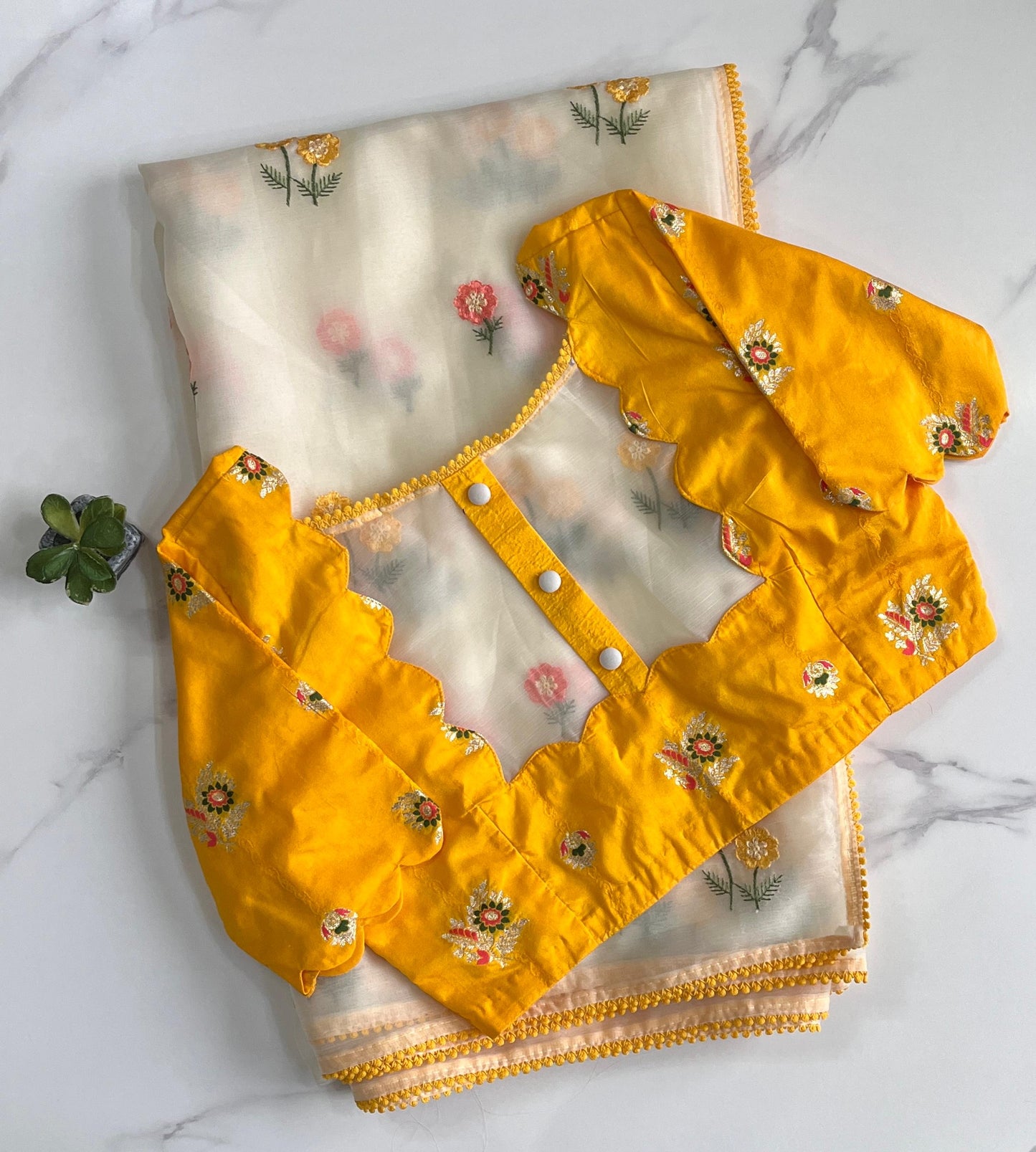 Flower organza saree wirh embroidery stitched blouse