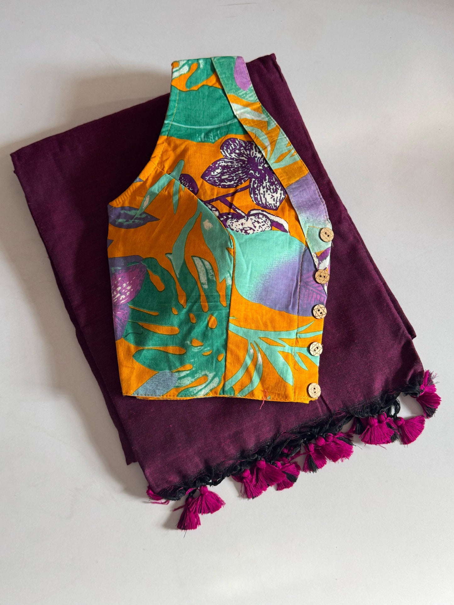 Khadi Cotton Saree With Kalamkari Fusion Blouse