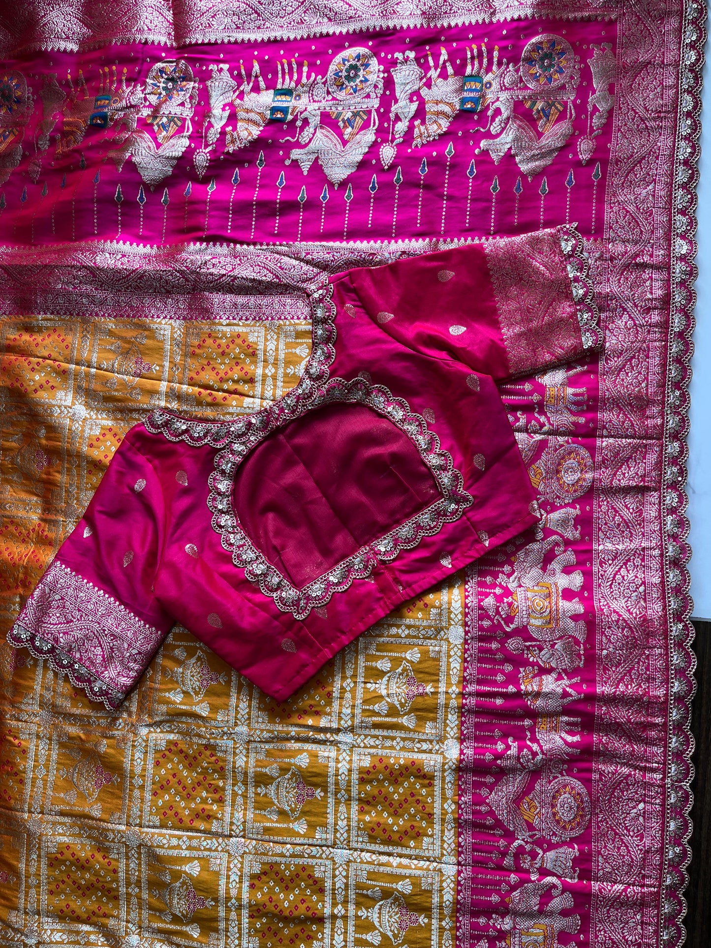 Banarasi Pattu saree with bandhani stitched blouse