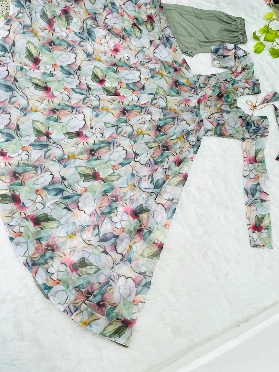 Gown Febrics Organza Taby Silk Heavy Quality Fabric With Digital Print And Full Sleeve