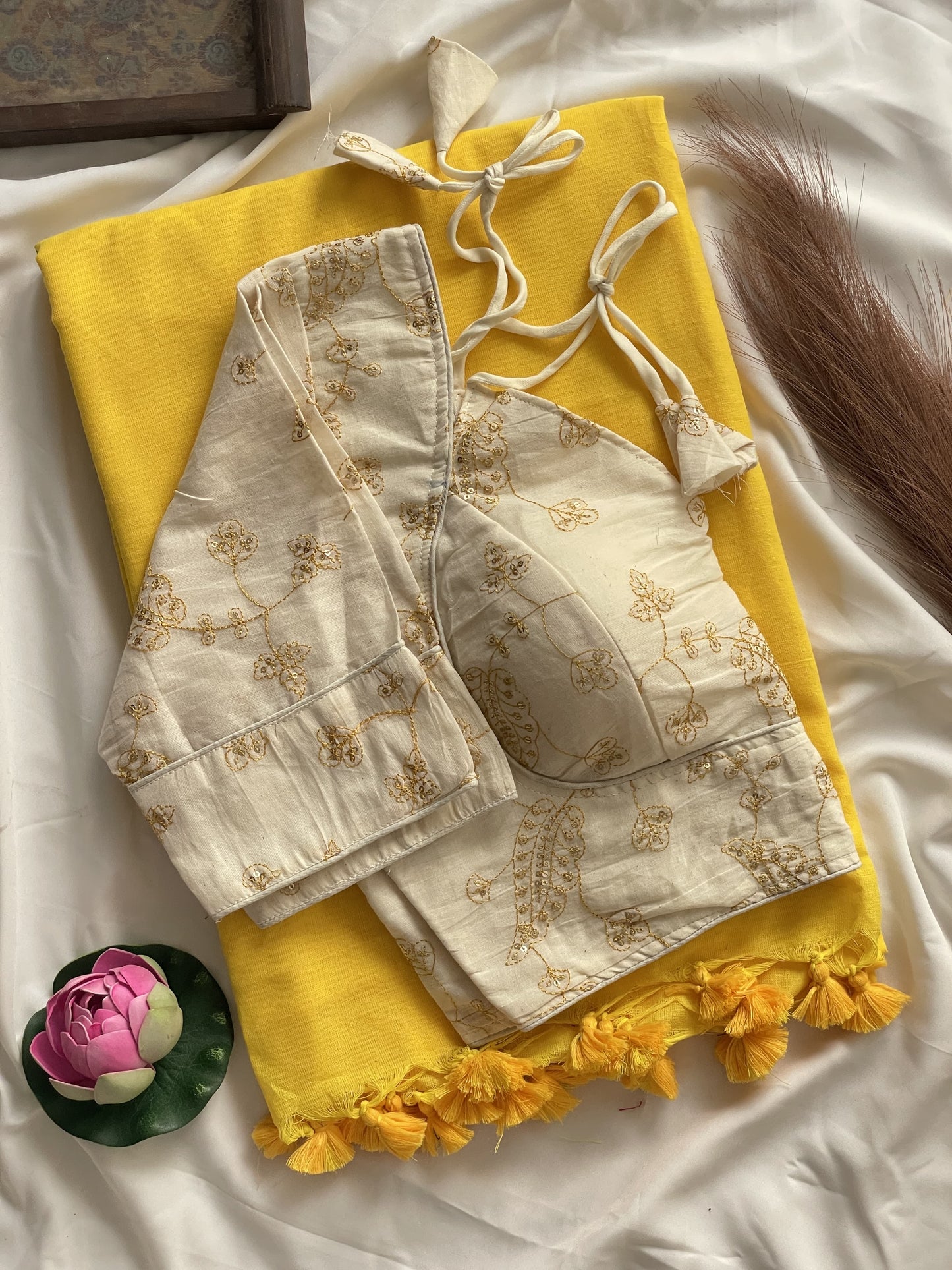 Khadi cotton saree with stitched sequence thread work blouse