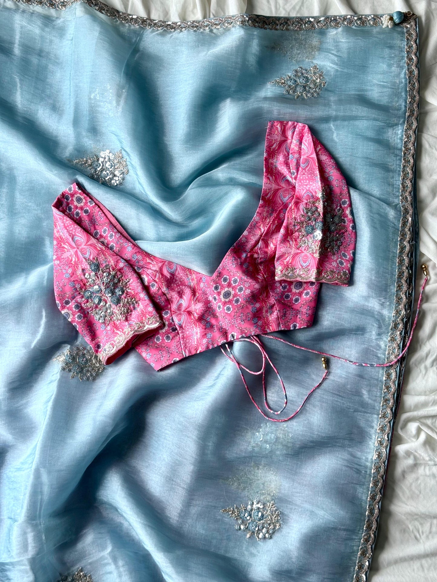 Luxe tissue silk saree with coding work With Stitched Blouse