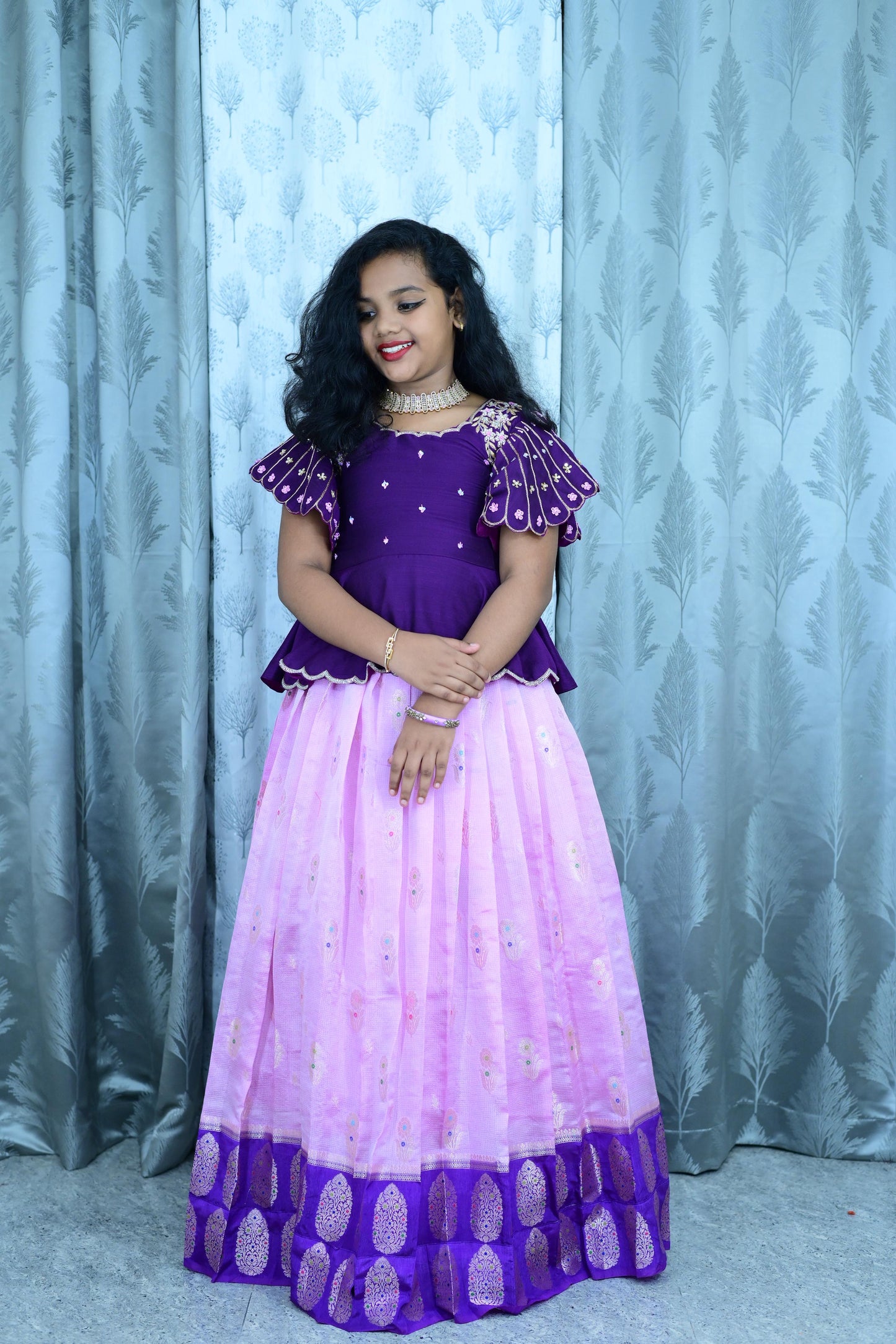 Kids Pure Maggam lavender lehenga