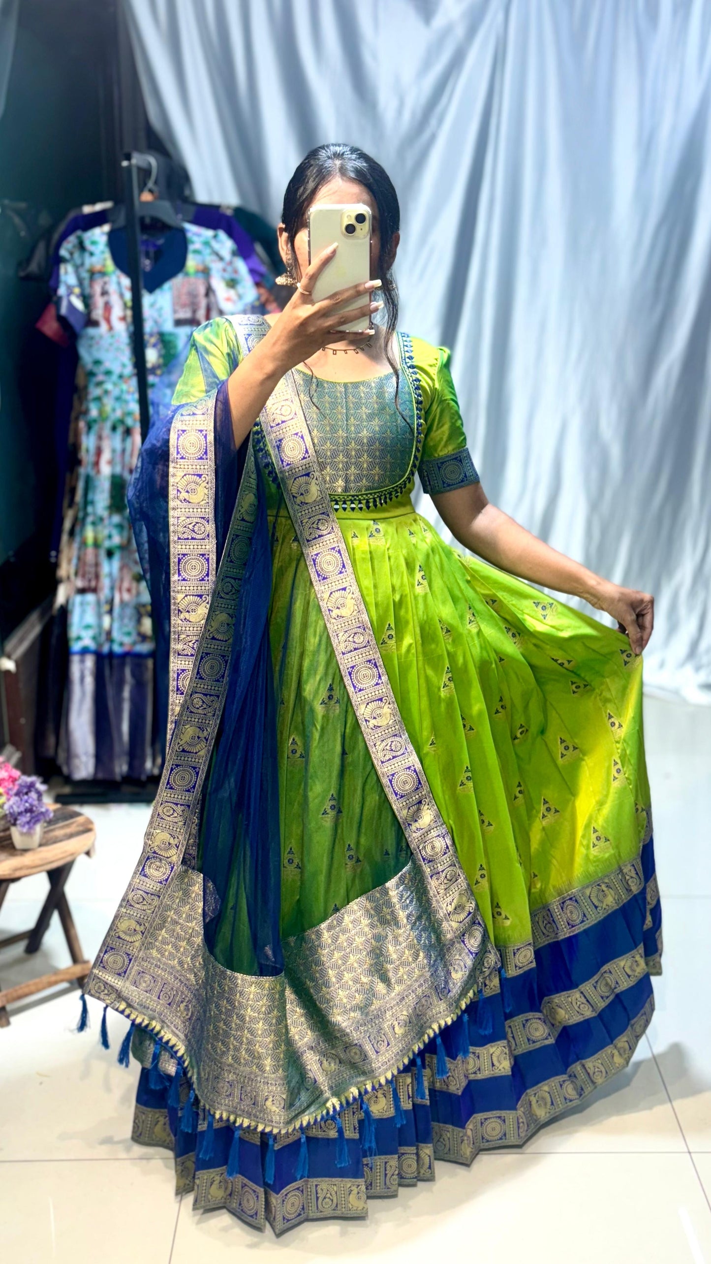 Silk Parrot Green Gown with Dupatta