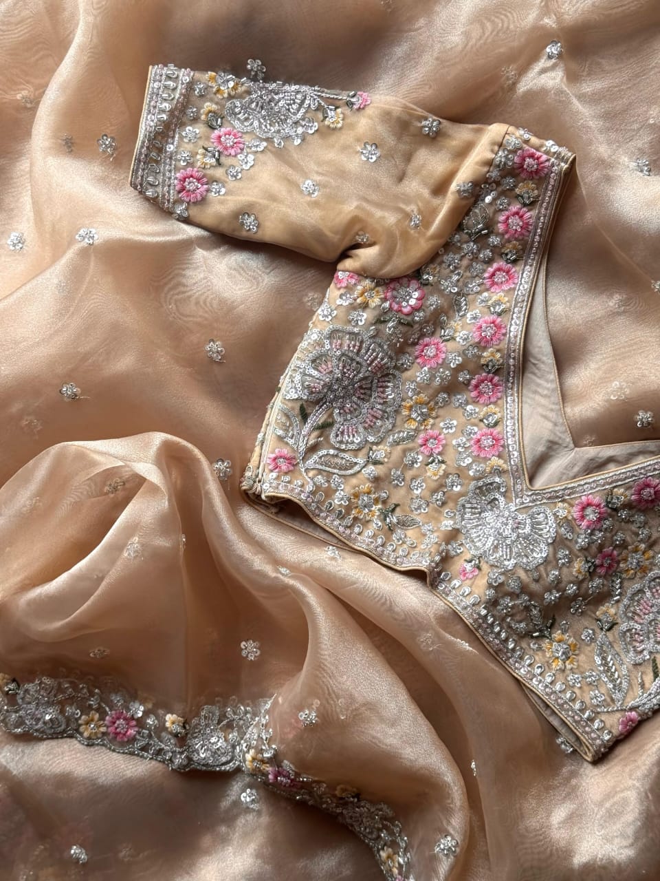 Luxe pure organza cutdana work stitched Blouse saree