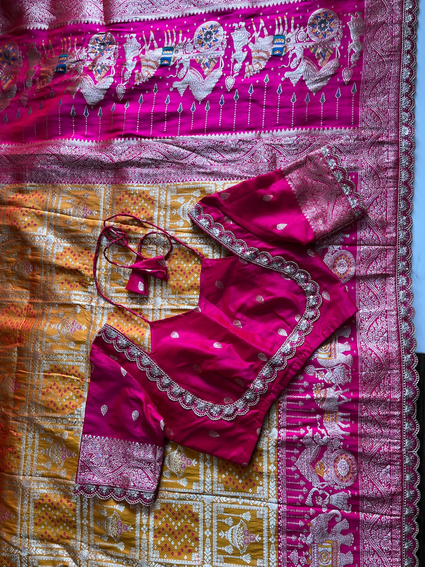 Banarasi Pattu saree with bandhani stitched blouse