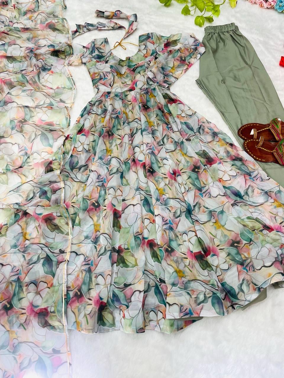 Gown Febrics Organza Taby Silk Heavy Quality Fabric With Digital Print And Full Sleeve