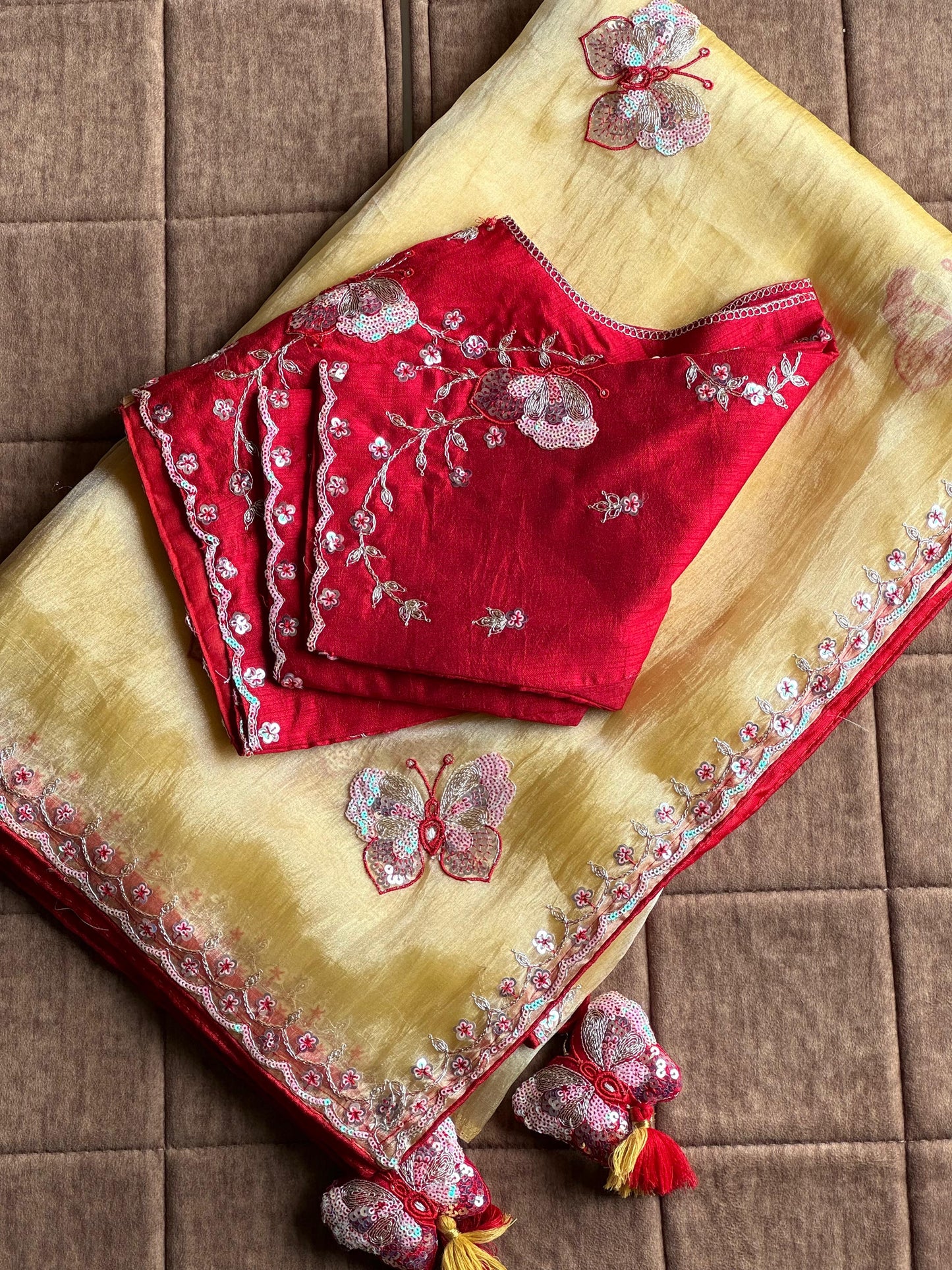 Luxe organza coding saree with stitched blouse