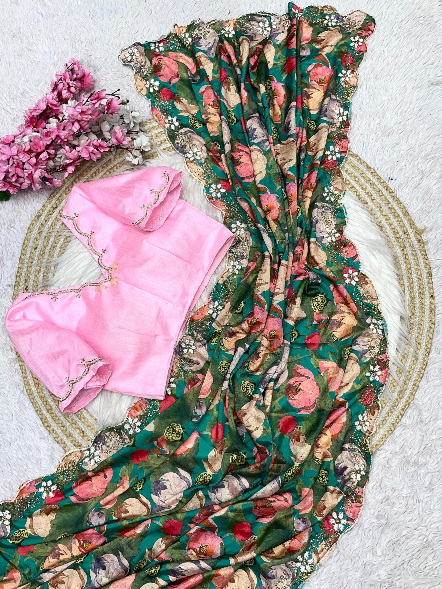 Pure Chinon Flower Khadi work saree with stitched blouse