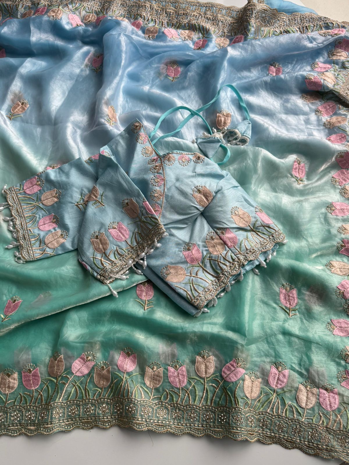 Duel shade classy Embroidery work saree with stitched Blouse
