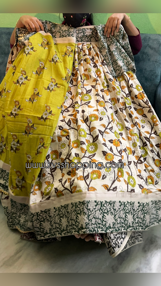 Semi Stich Kalamkari Chenuri silk lehengas