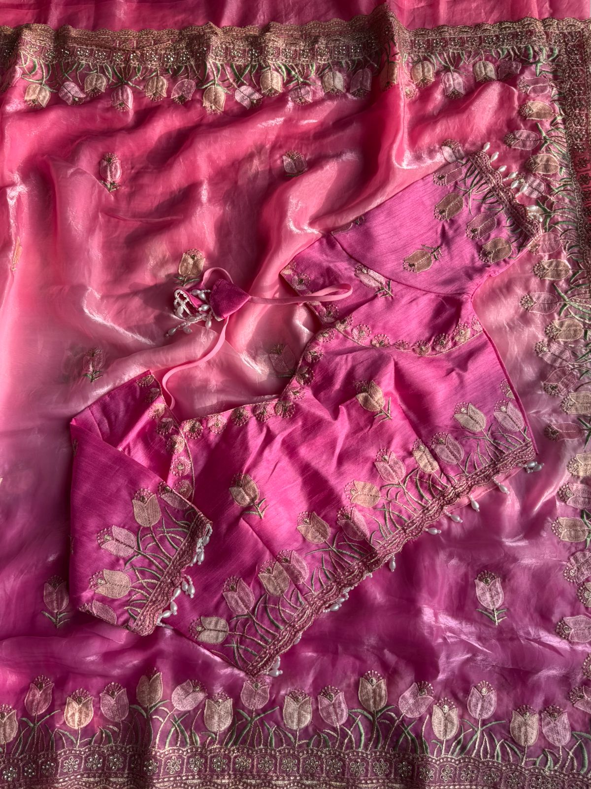 Duel shade classy Embroidery work saree with stitched Blouse
