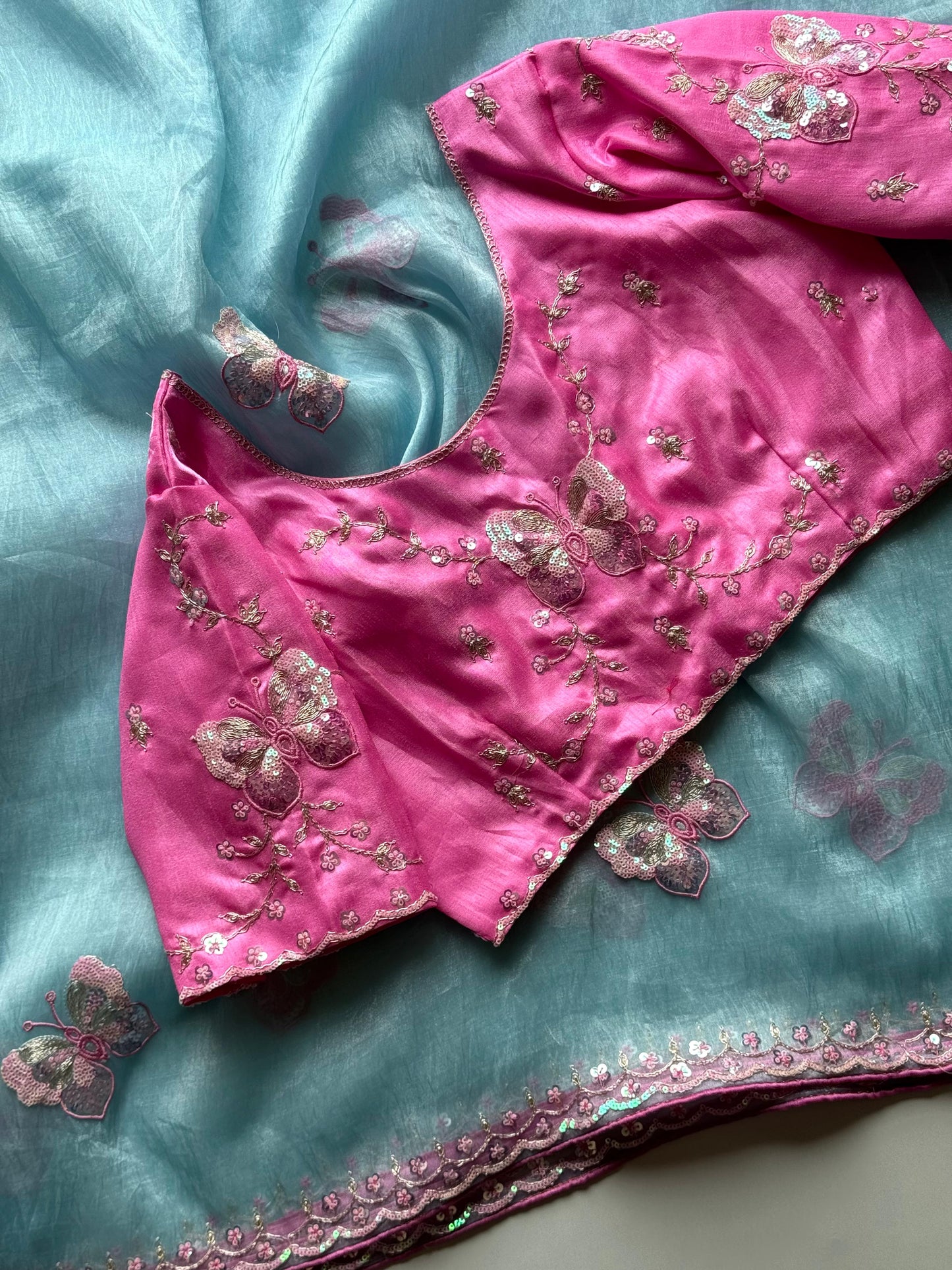 Luxe organza coding saree with stitched blouse