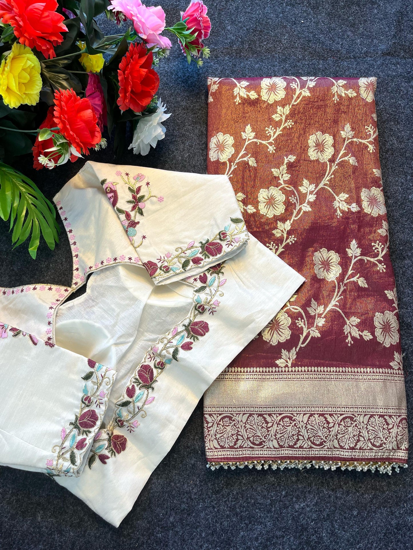 Cosmos stitched work blouse saree