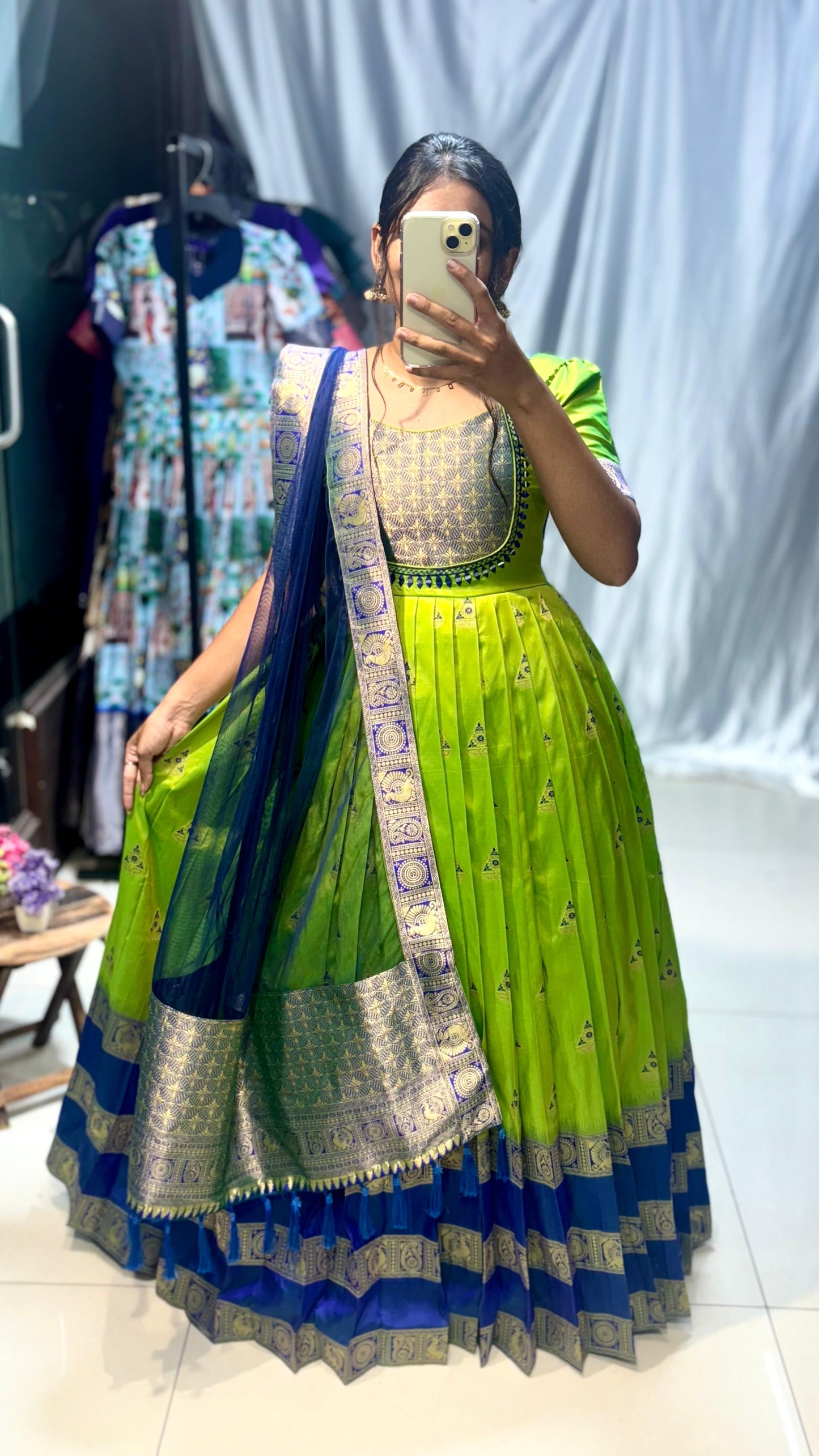 Silk Parrot Green Gown with Dupatta