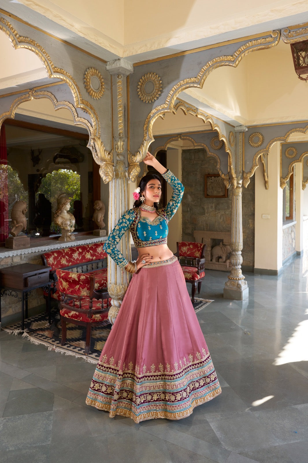 Moonga silk sequiens thread work Lehenga