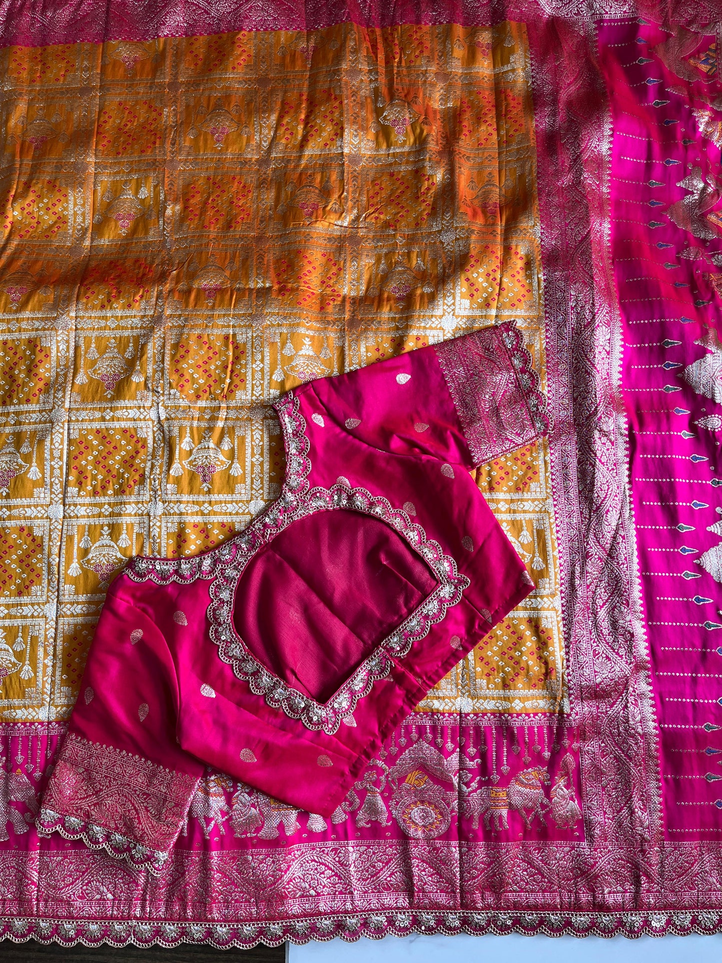 Banarasi Pattu saree with bandhani stitched blouse
