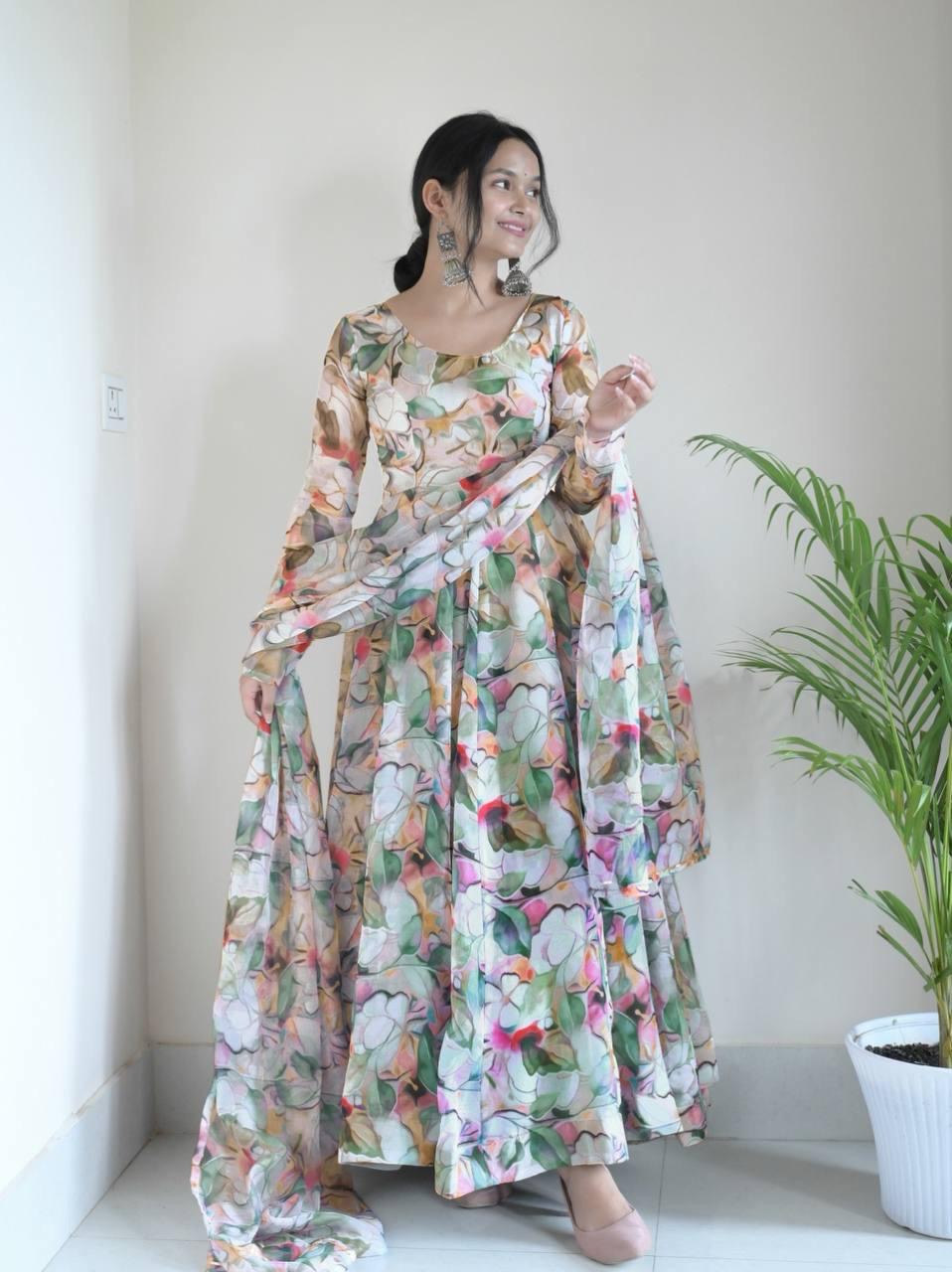 Gown Febrics Organza Taby Silk Heavy Quality Fabric With Digital Print And Full Sleeve