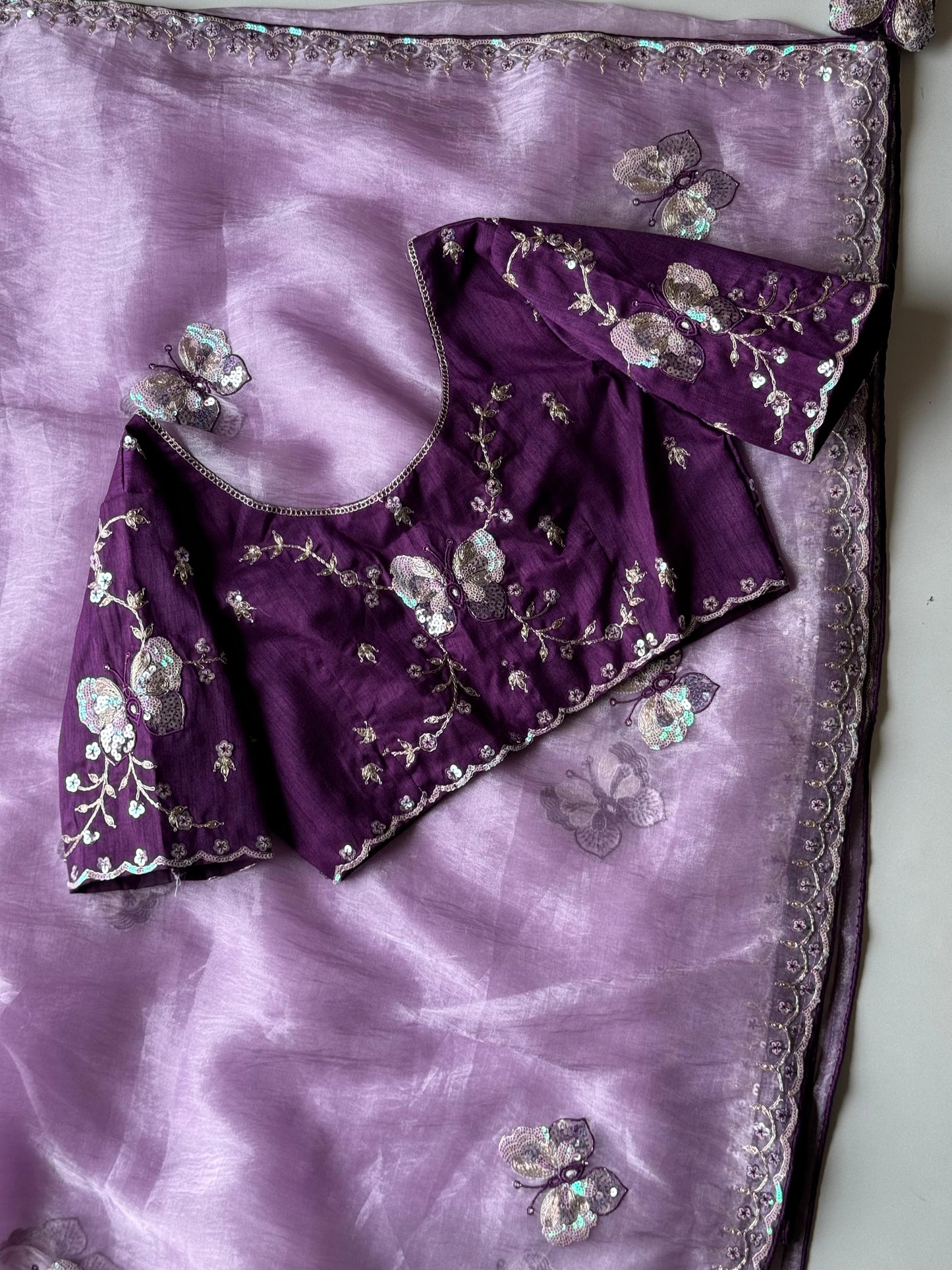 Luxe organza coding saree with stitched blouse
