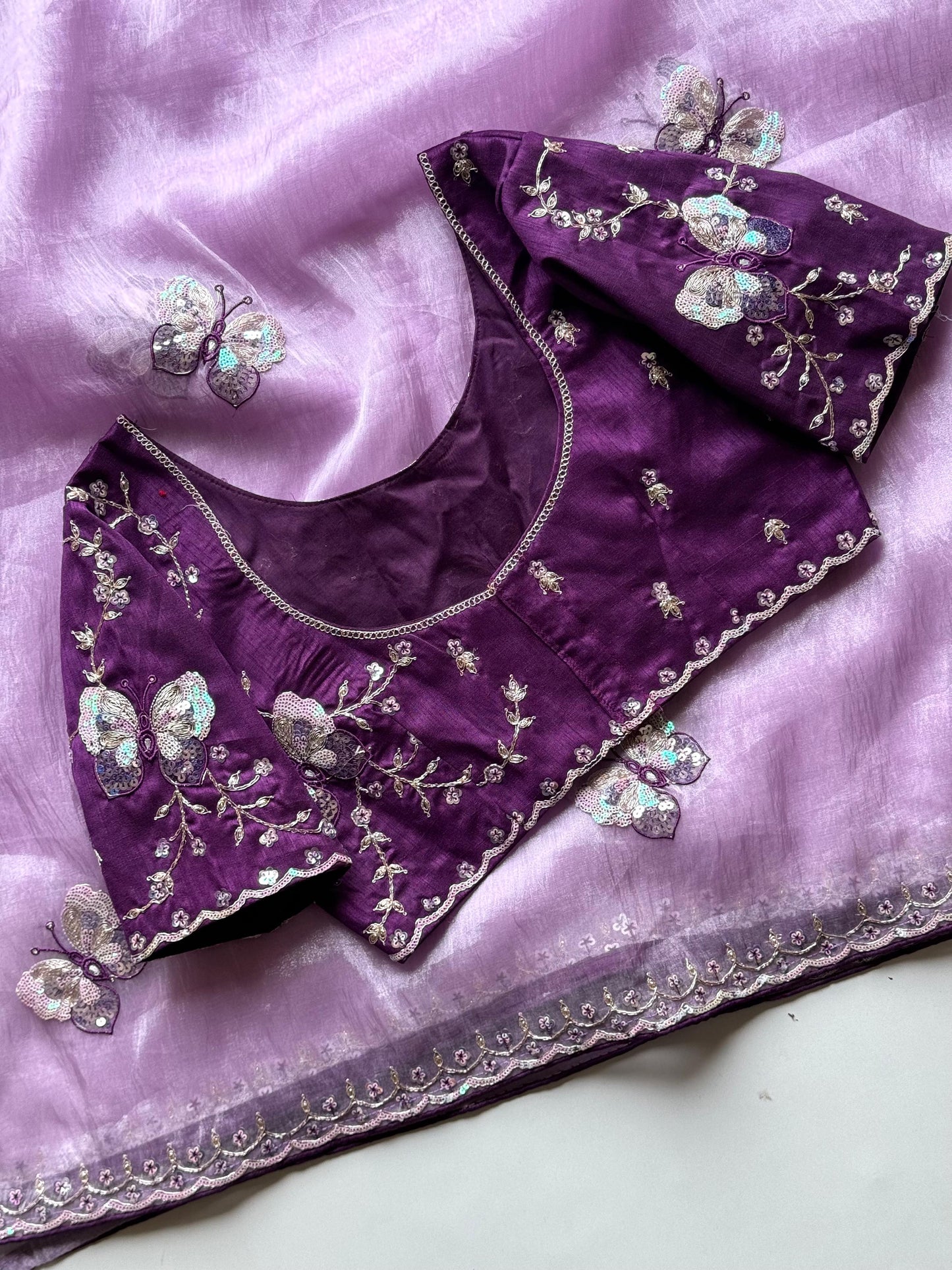 Luxe organza coding saree with stitched blouse