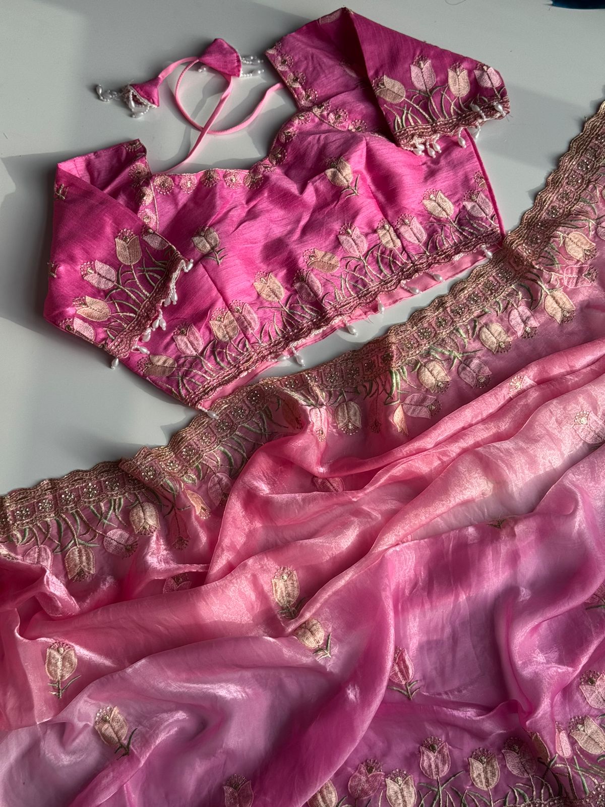 Duel shade classy Embroidery work saree with stitched Blouse