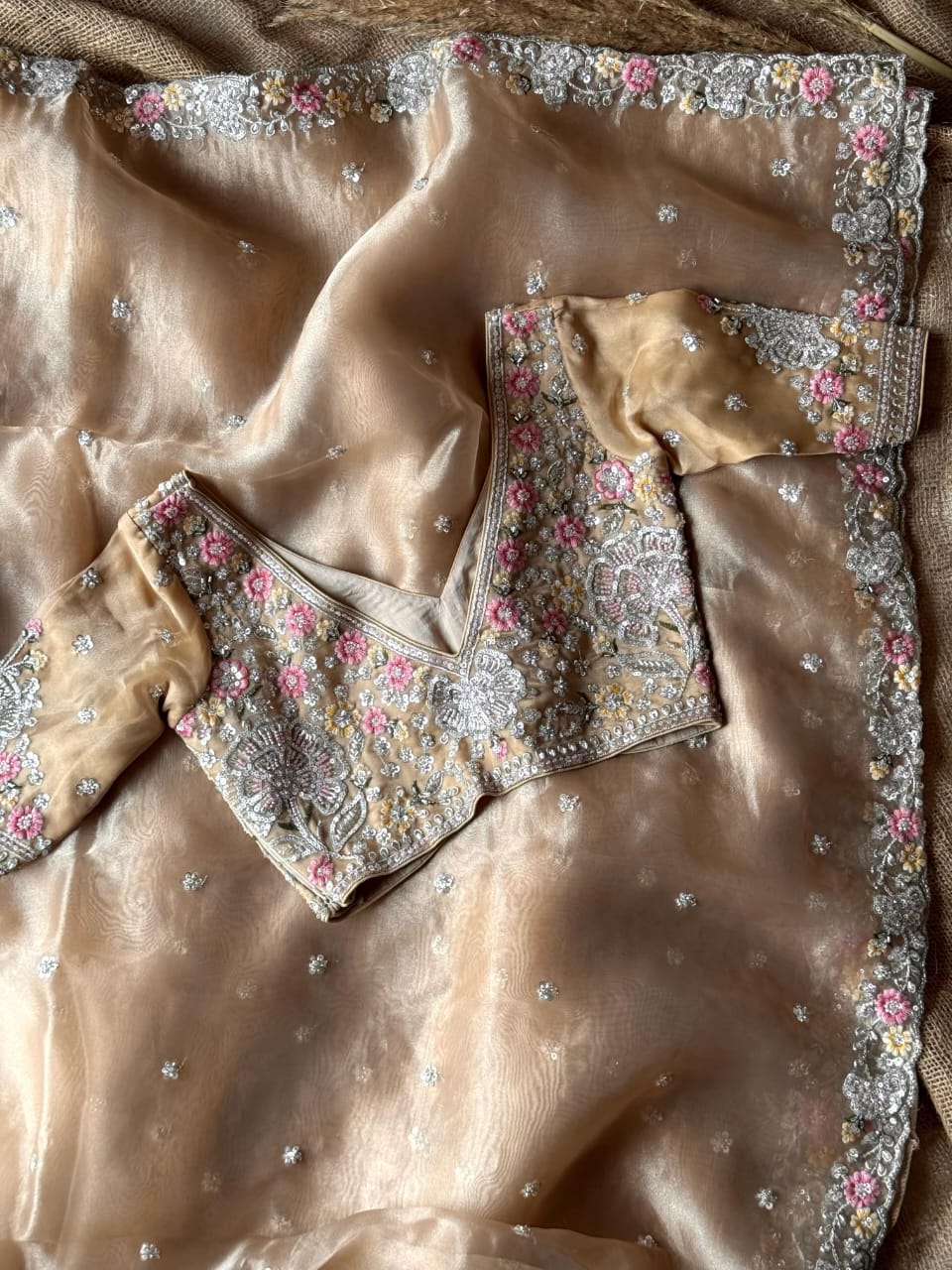Luxe pure organza cutdana work stitched Blouse saree