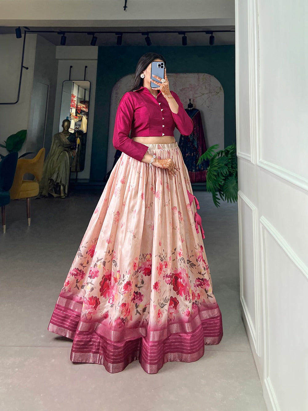Dola silk Floral Crop Top With Skirt Lehenags