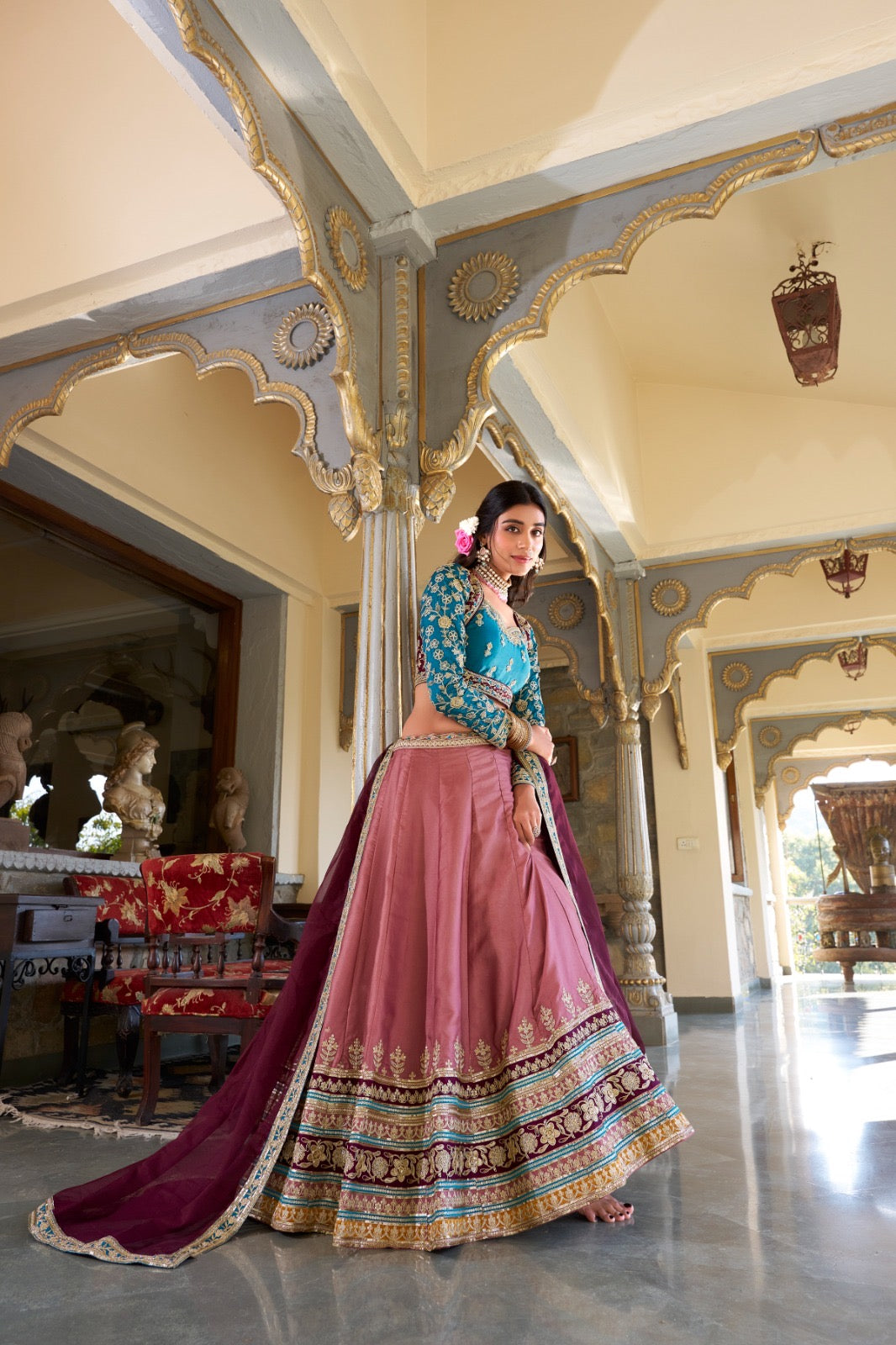 Moonga silk sequiens thread work Lehenga