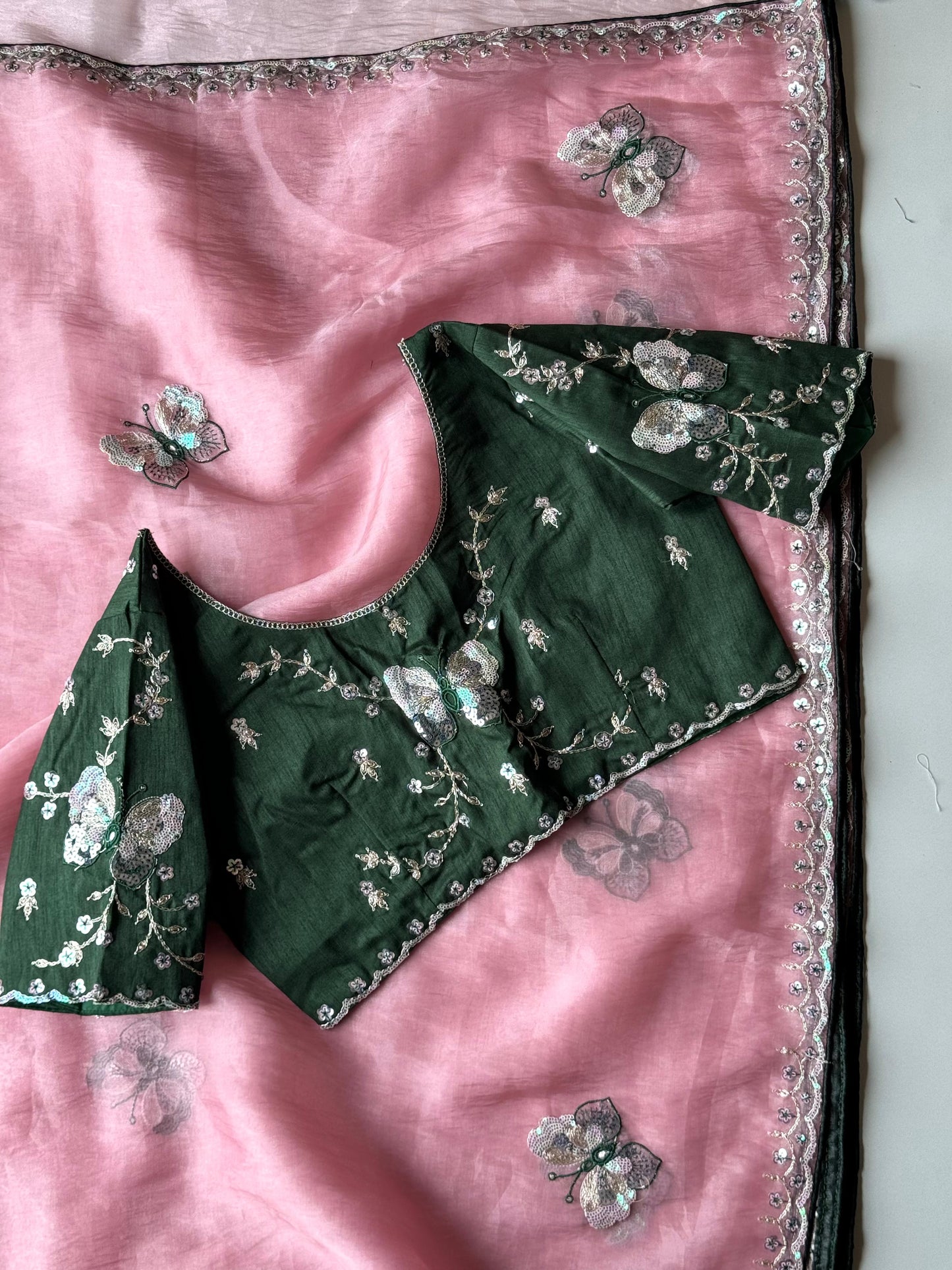 Luxe organza coding saree with stitched blouse