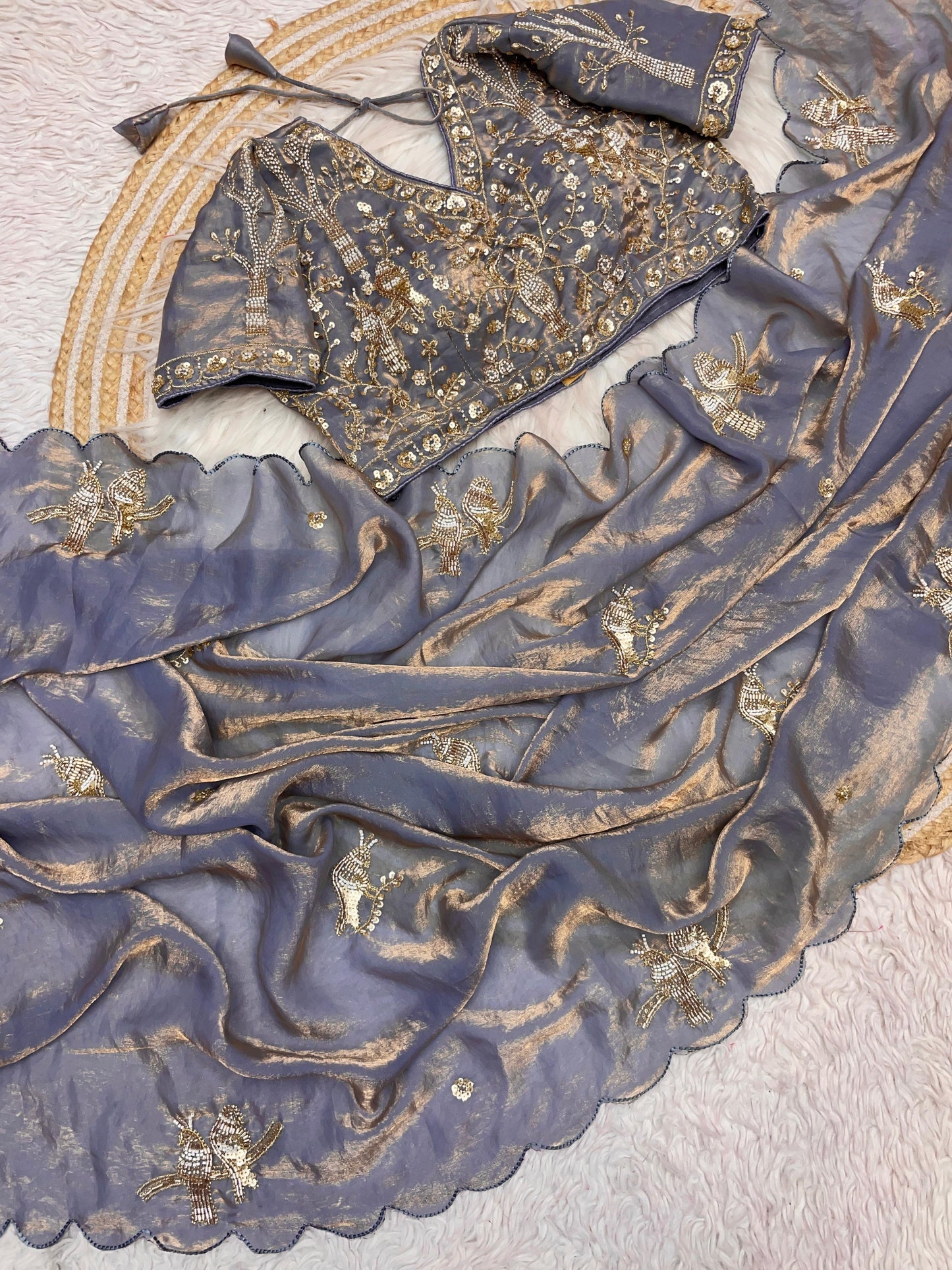 Fendy work silk sarees with stitched desginer work blouse