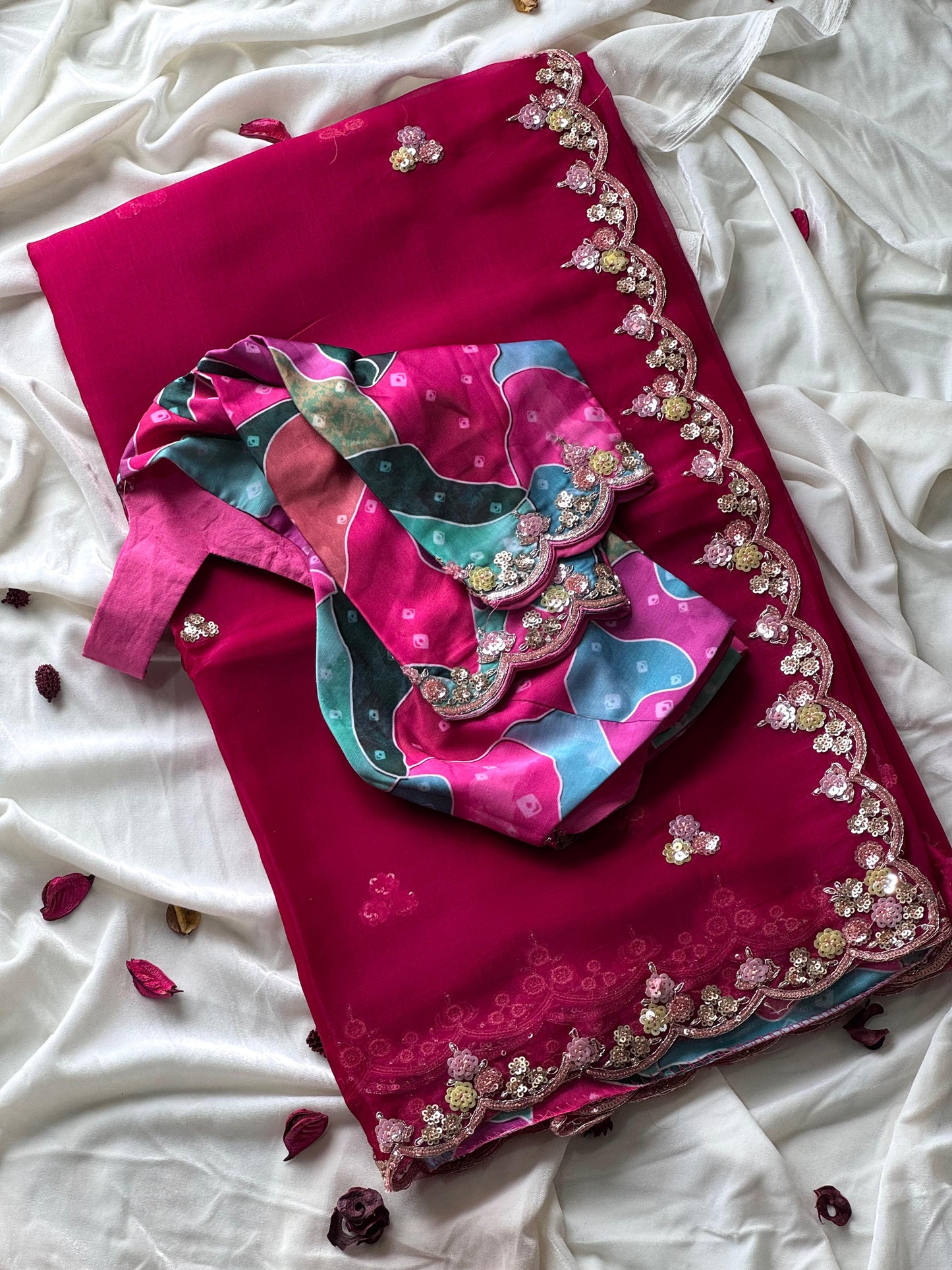 Premium tissue silk saree with coding work & multi colour sequence on all over the saree With Stitched Blouse