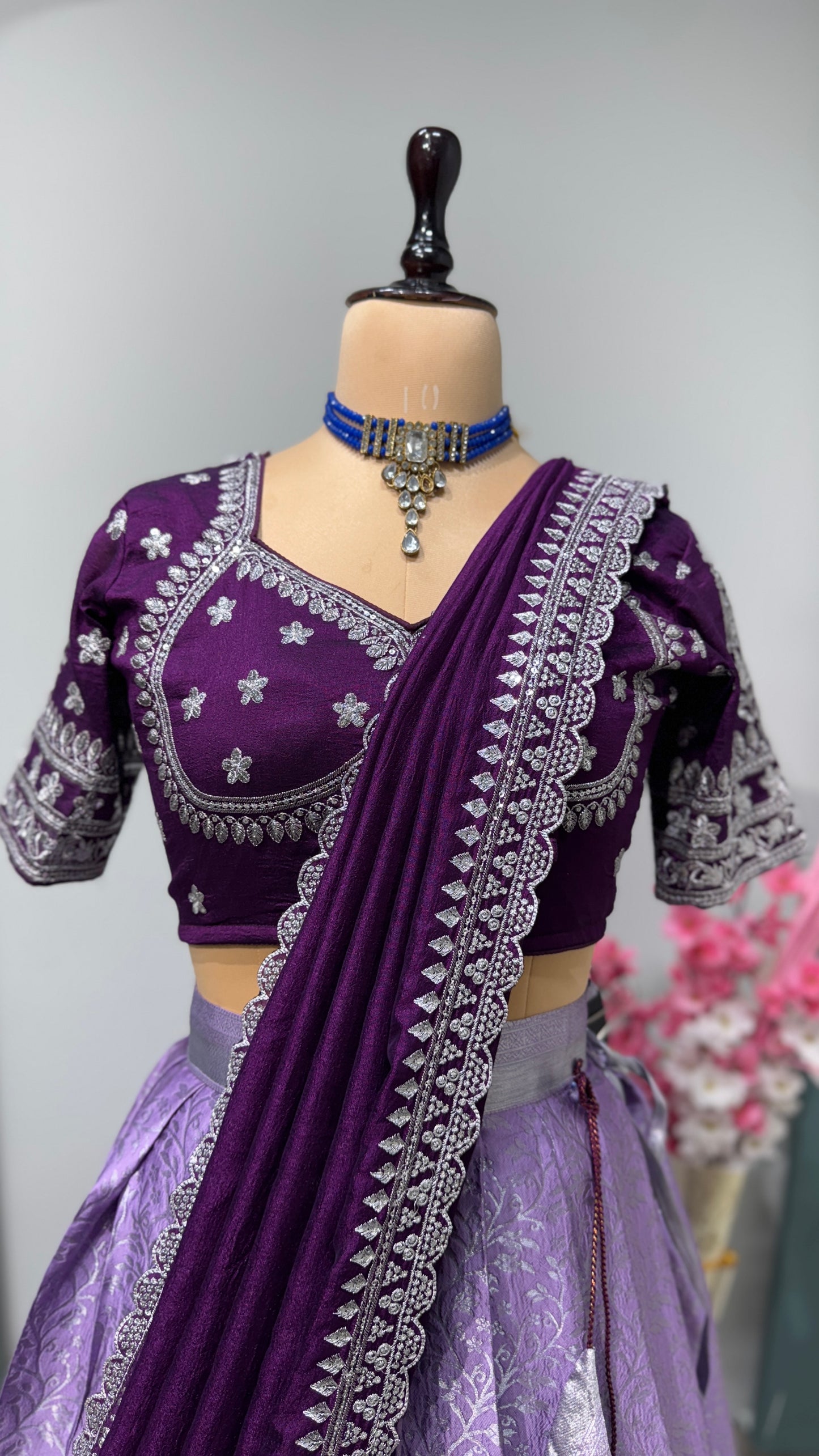 Sweetheart Neckline stitched Blouse /Kanchipuram Lehenga