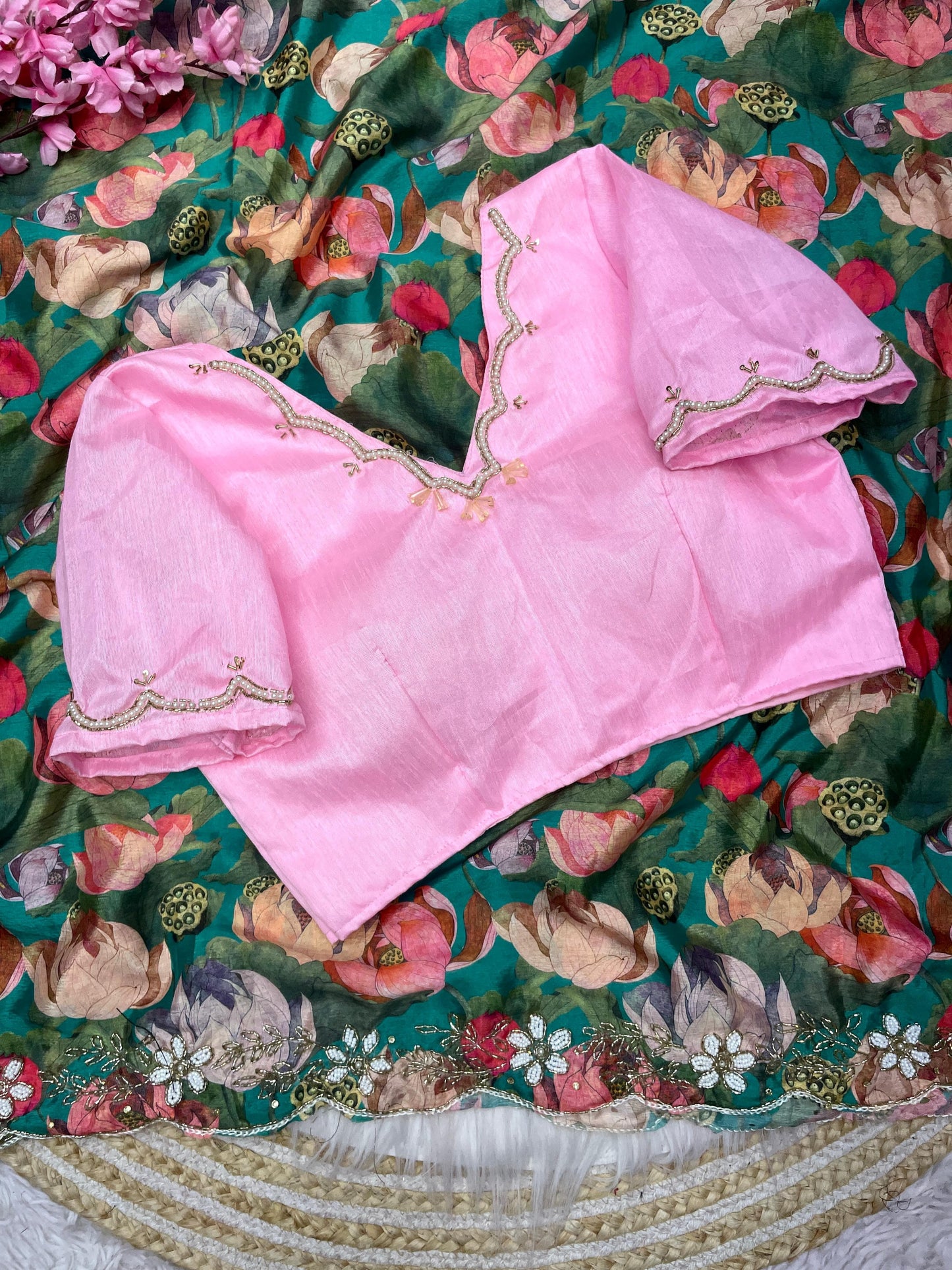 Pure Chinon Flower Khadi work saree with stitched blouse