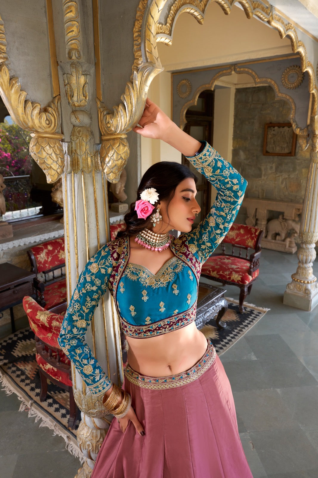 Moonga silk sequiens thread work Lehenga