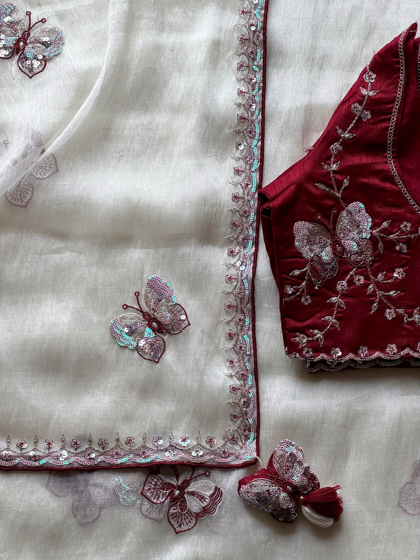 Luxe organza coding saree with stitched blouse