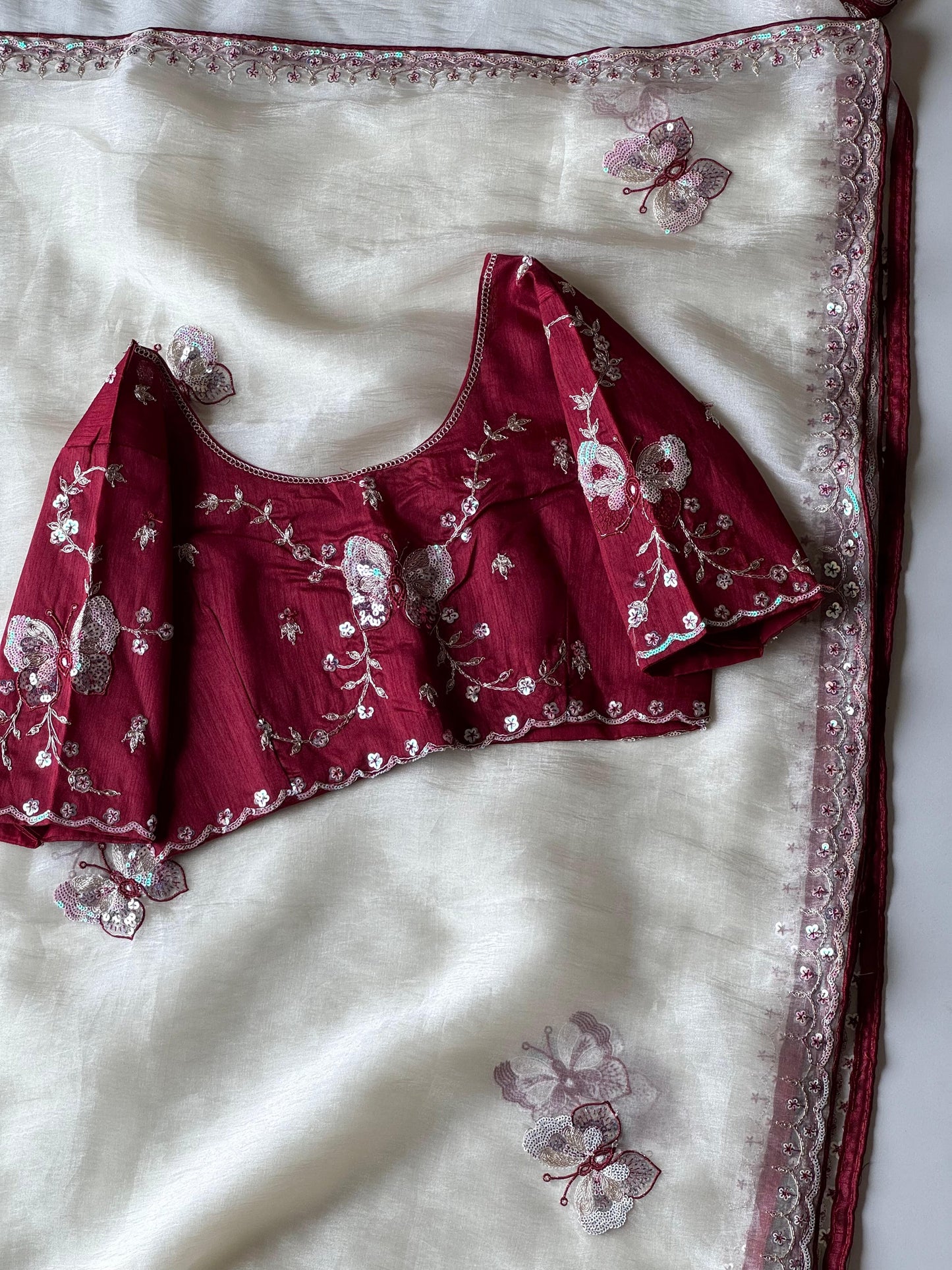 Luxe organza coding saree with stitched blouse