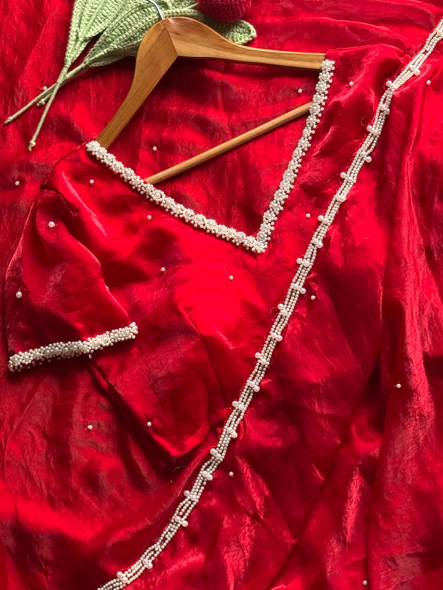 Pearl Work Space Silk Saree with pearl work Stitched Blouse